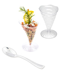 100 3 oz Clear Plastic Nautilus Appetizer Cones and 100 Silver Plastic 4