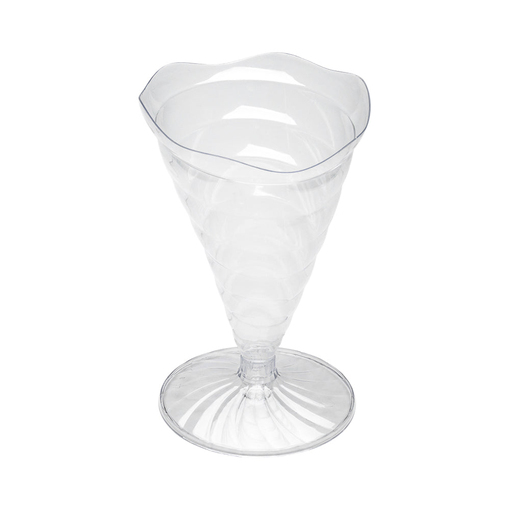 100 3 oz Clear Plastic Nautilus Appetizer Cones and 100 Silver Plastic 4" Mini Spoons