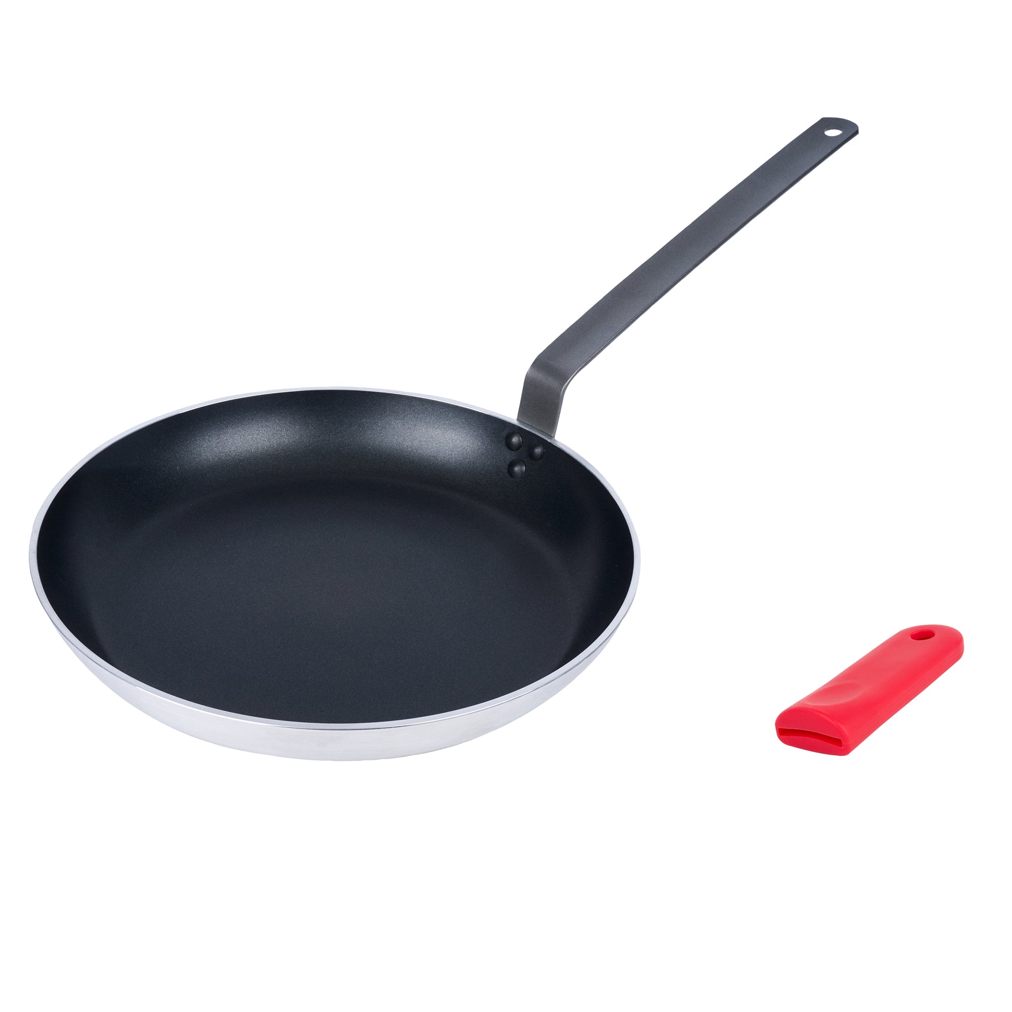 Met Lux 1 Aluminum 14" Induction Ready Fry Pan and 1 Red Silicone Pan Handle Sleeve