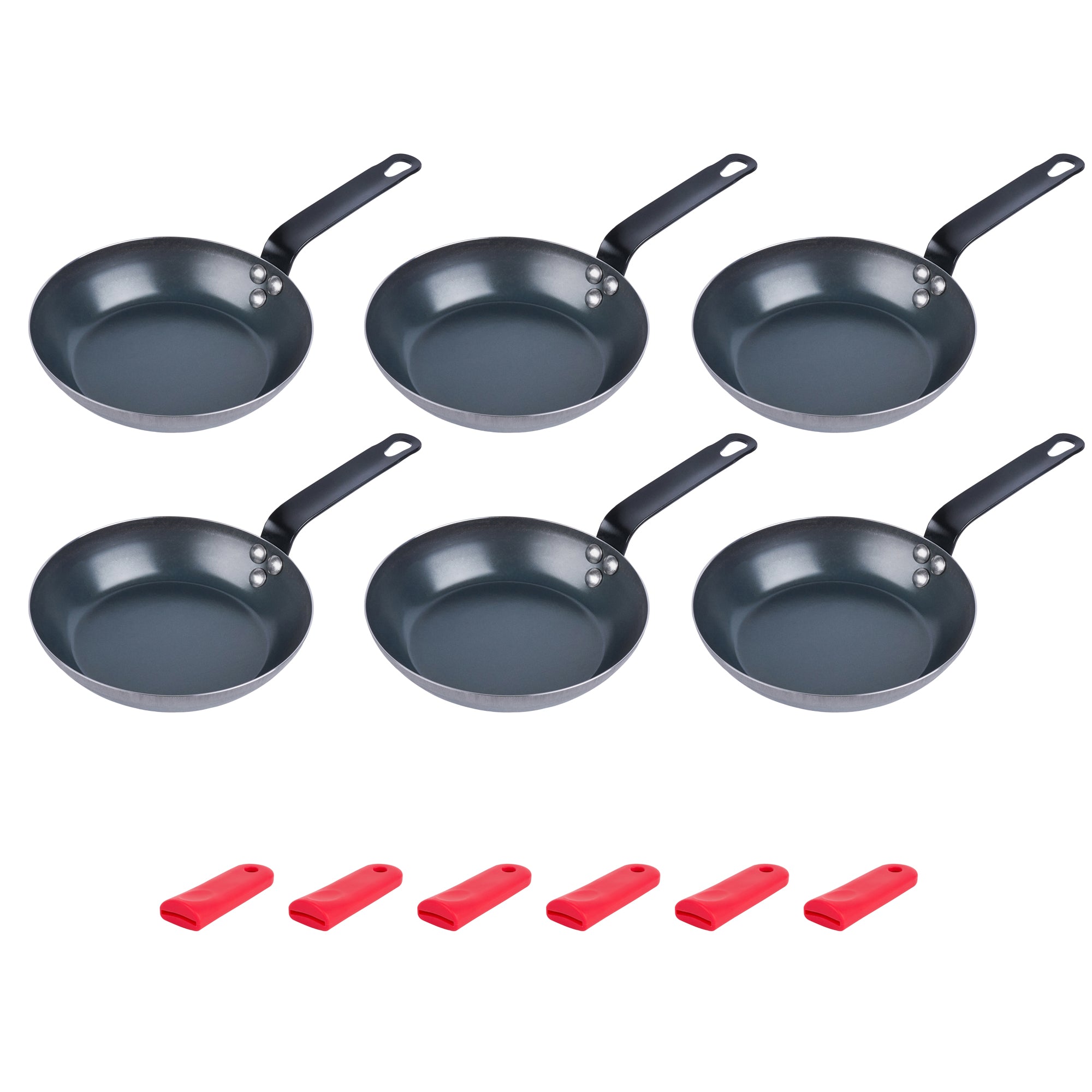 Met Lux 6 Black Carbon Steel 8" Pre-Seasoned Fry Pans and 6 Red Silicone Pan Handle Sleeves