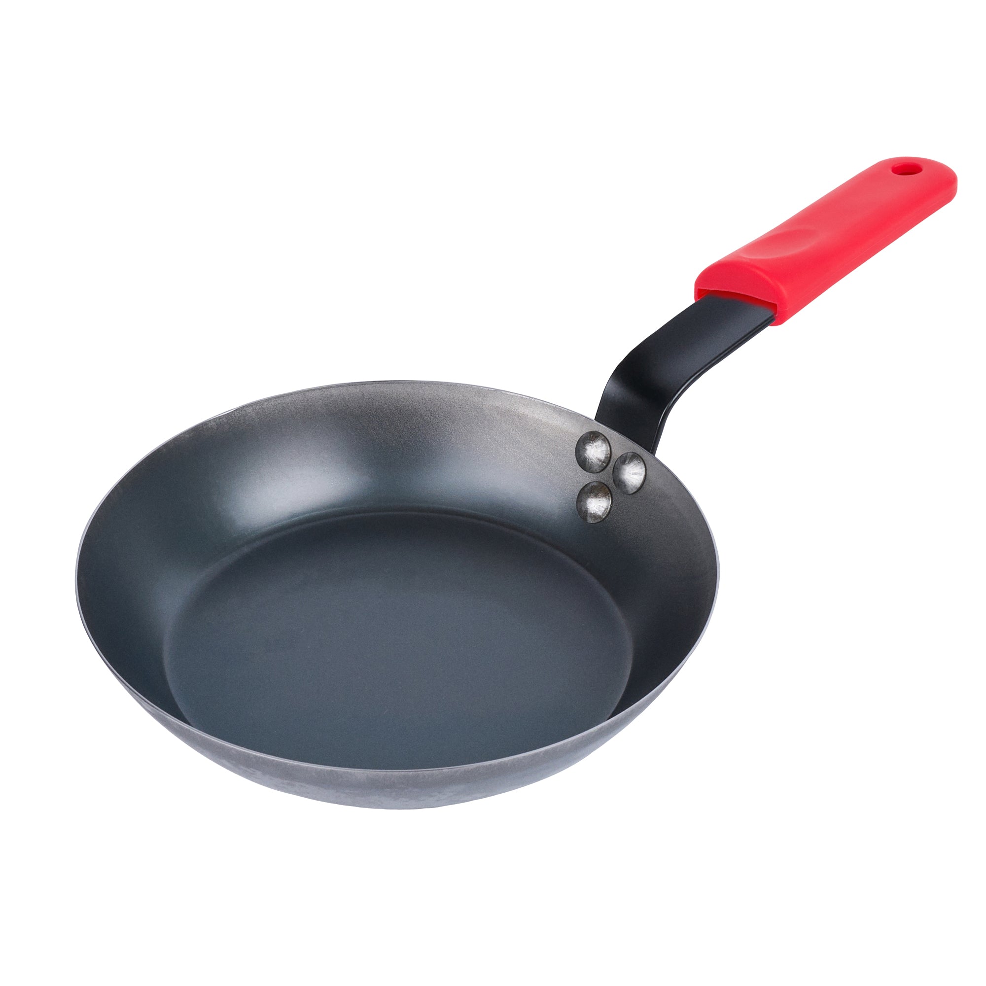 Met Lux 6 Black Carbon Steel 9" Pre-Seasoned Fry Pans and 6 Red Silicone Pan Handle Sleeves