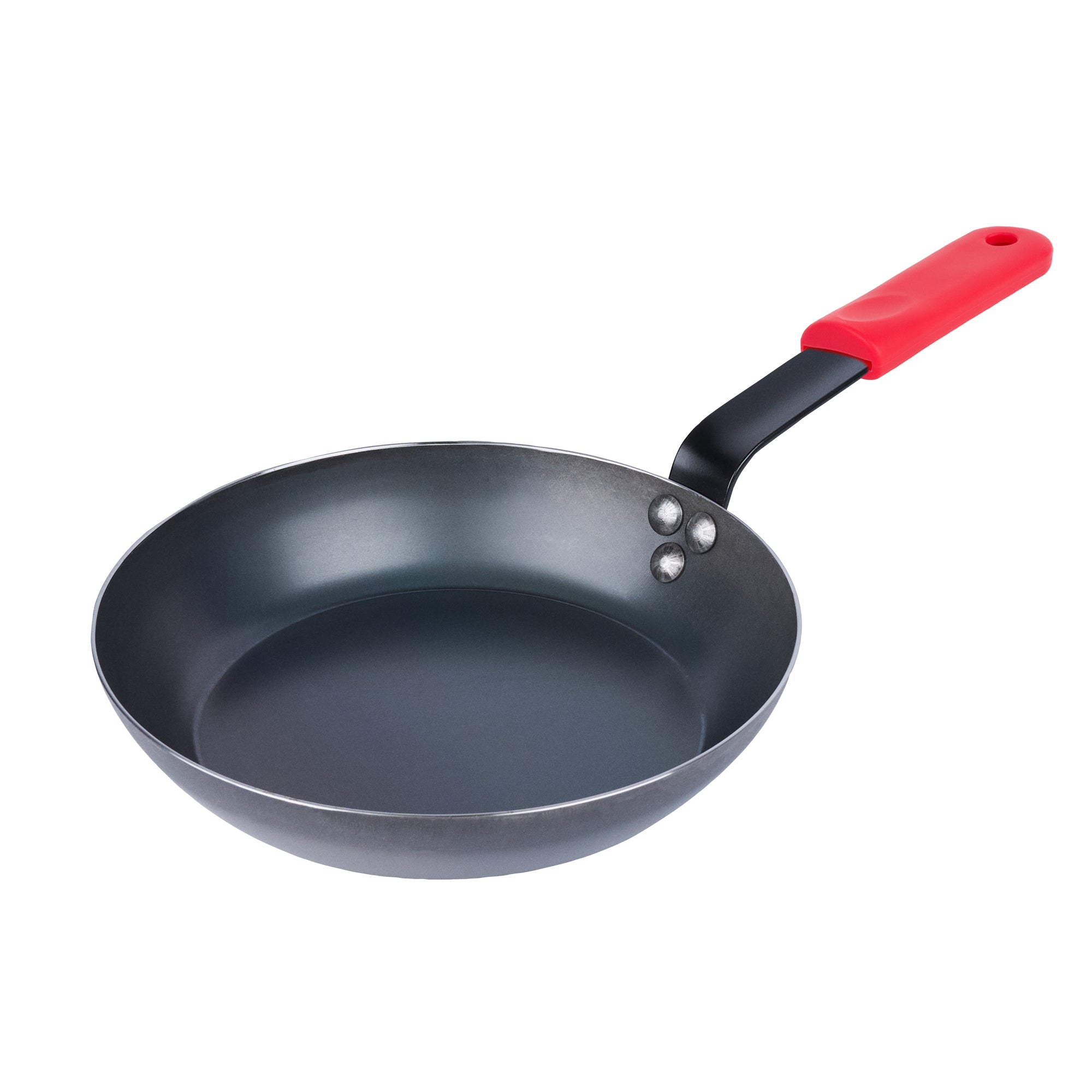 Met Lux 6 Black Carbon Steel 9 1/2" Pre-Seasoned Fry Pans and 6 Red Silicone Pan Handle Sleeves