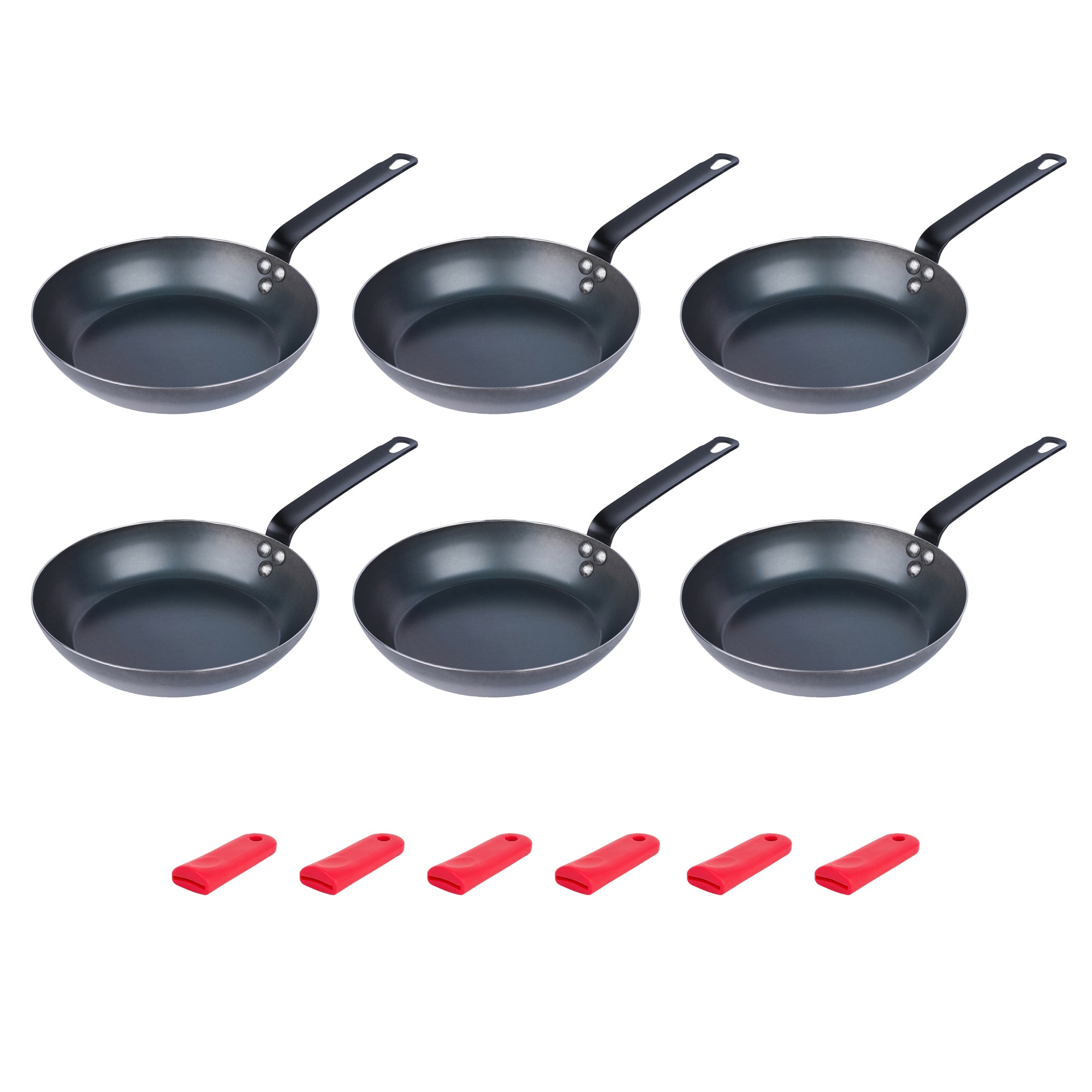 Met Lux 6 Black Carbon Steel 9 1/2" Pre-Seasoned Fry Pans and 6 Red Silicone Pan Handle Sleeves