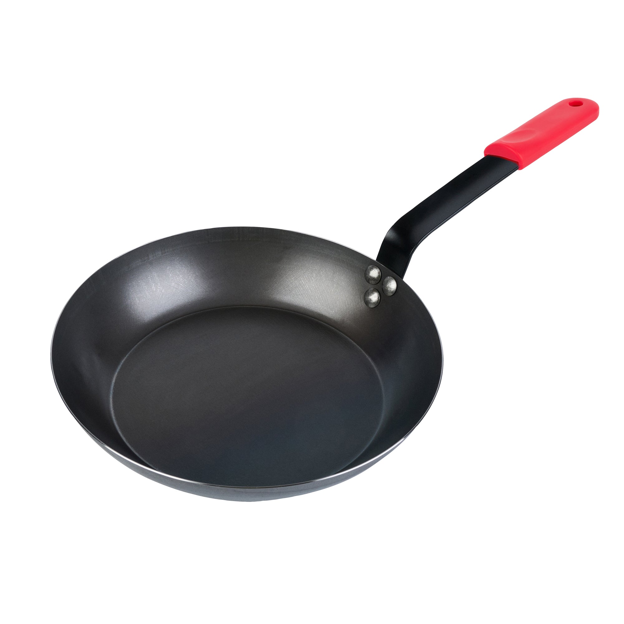 Met Lux 6 Black Carbon Steel 11" Pre-Seasoned Fry Pans and 6 Red Silicone Pan Handle Sleeves