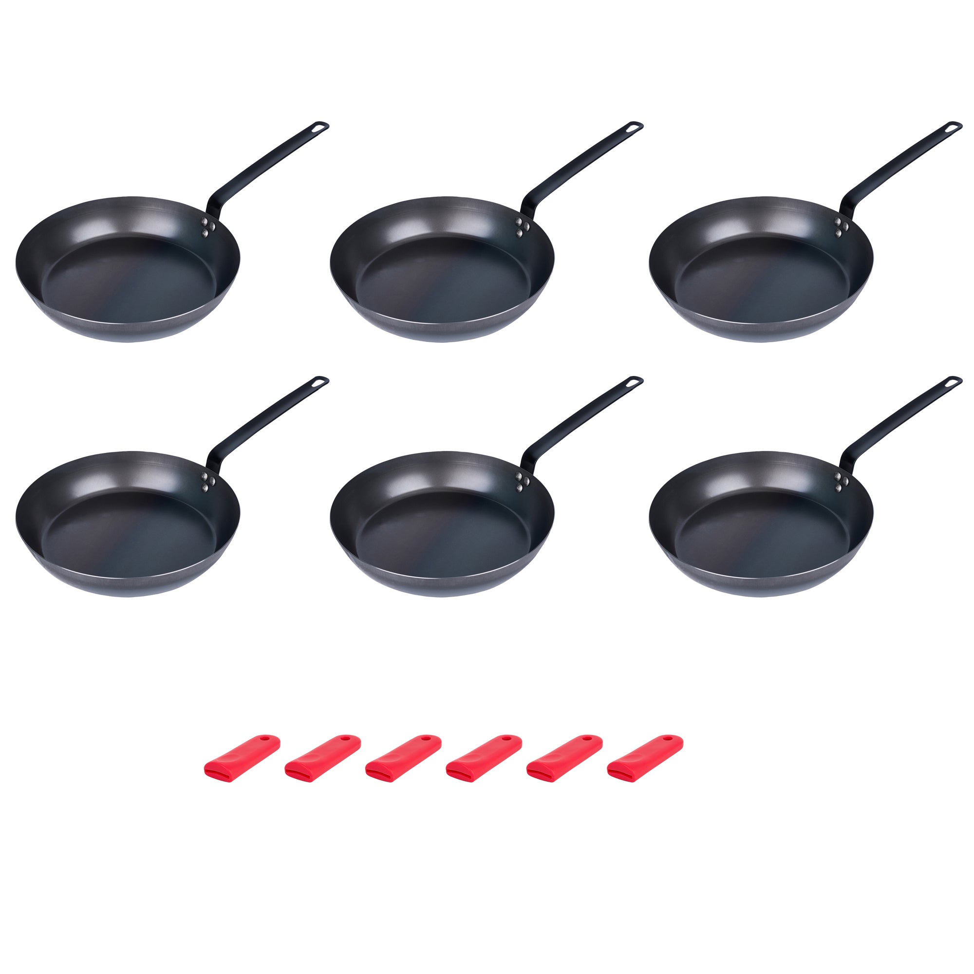 Met Lux 6 Black Carbon Steel 13" Pre-Seasoned Fry Pans and 6 Red Silicone Pan Handle Sleeves