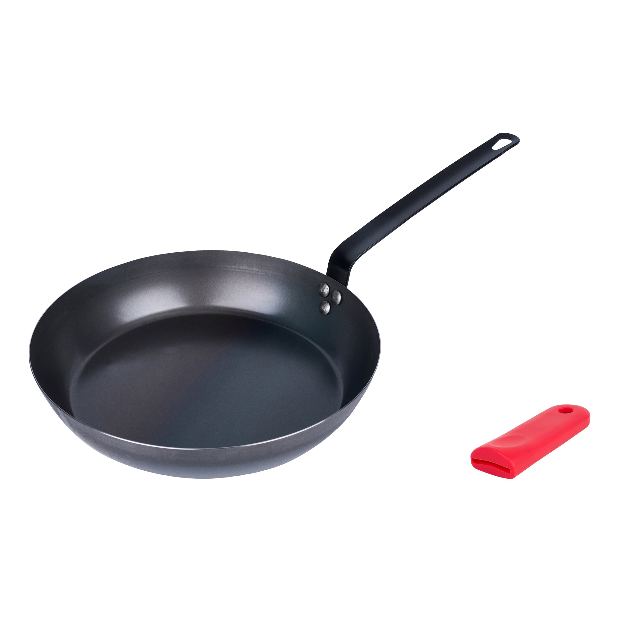 Met Lux 1 Black Carbon Steel 13" Pre-Seasoned Fry Pan and 1 Red Silicone Pan Handle Sleeve