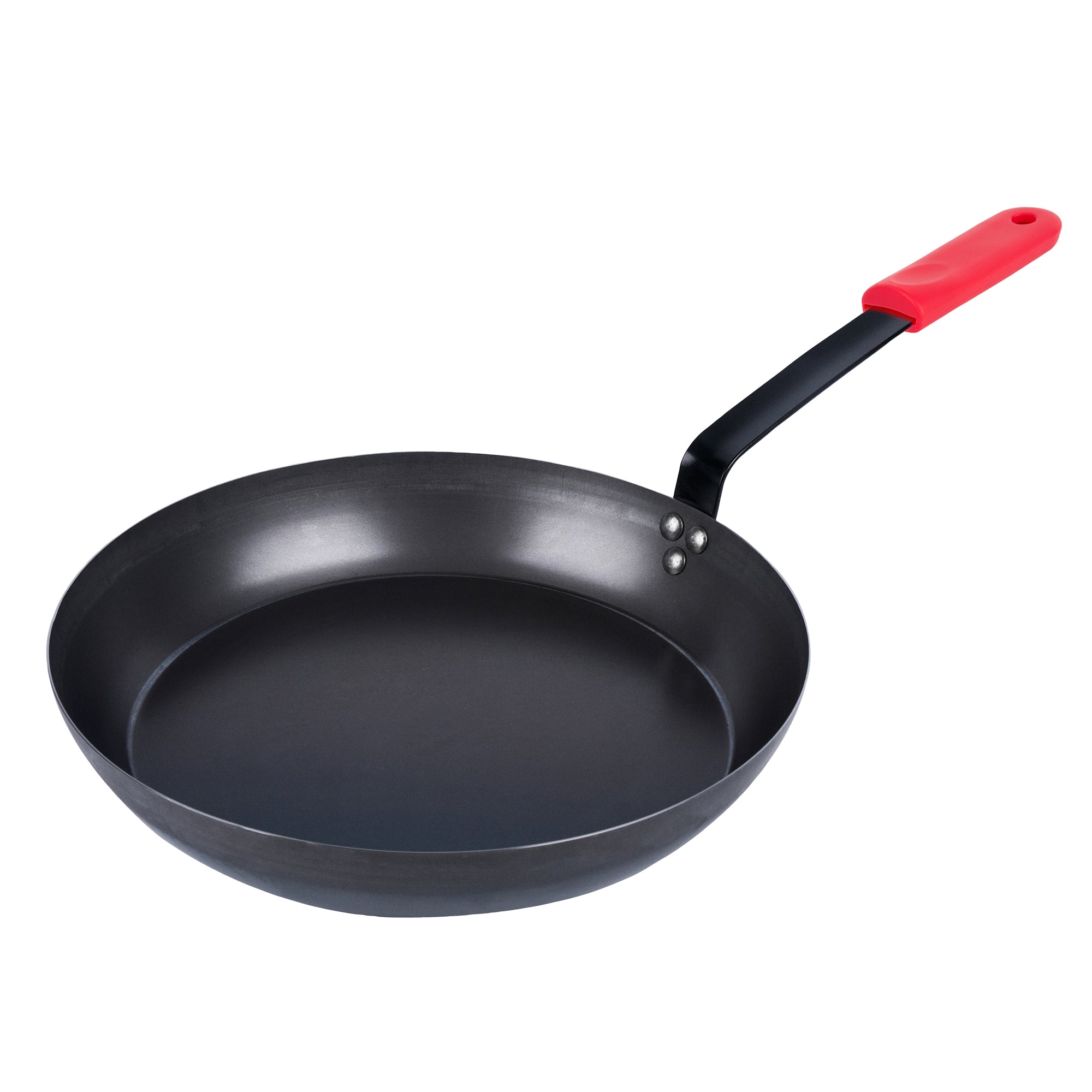 Met Lux 6 Black Carbon Steel 14" Pre-Seasoned Fry Pans and 6 Red Silicone Pan Handle Sleeves