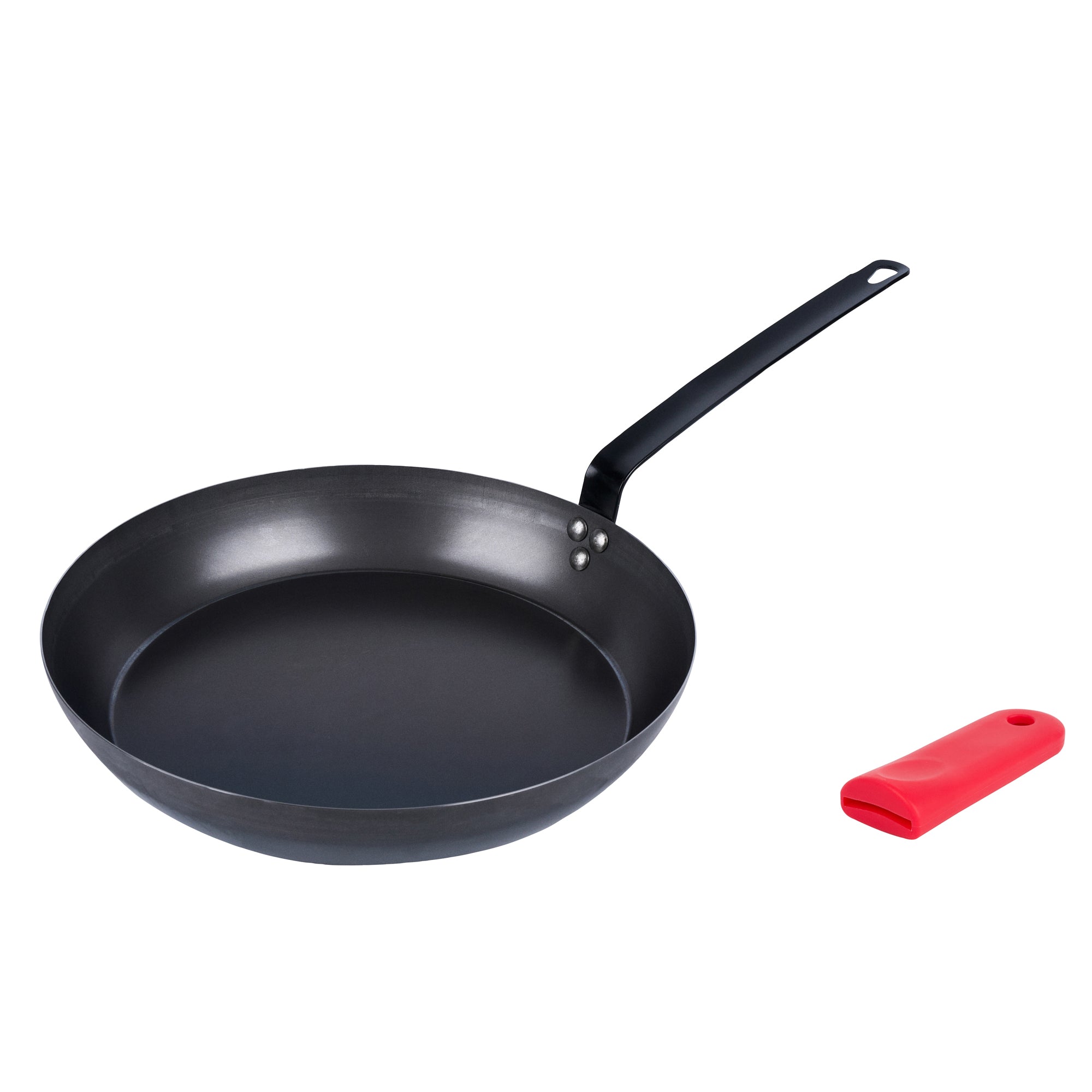 Met Lux 1 Black Carbon Steel 14" Pre-Seasoned Fry Pan and 1 Red Silicone Pan Handle Sleeve