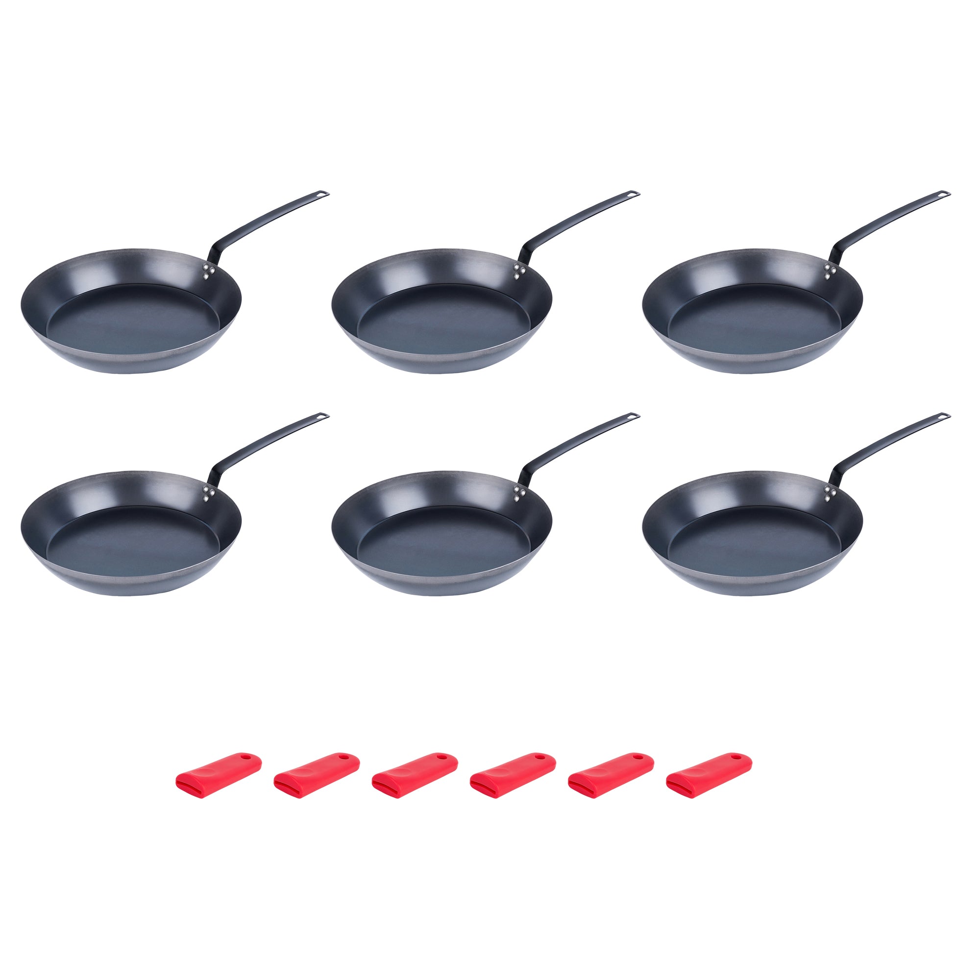 Met Lux 6 Black Carbon Steel 16" Pre-Seasoned Fry Pans and 6 Red Silicone Pan Handle Sleeves