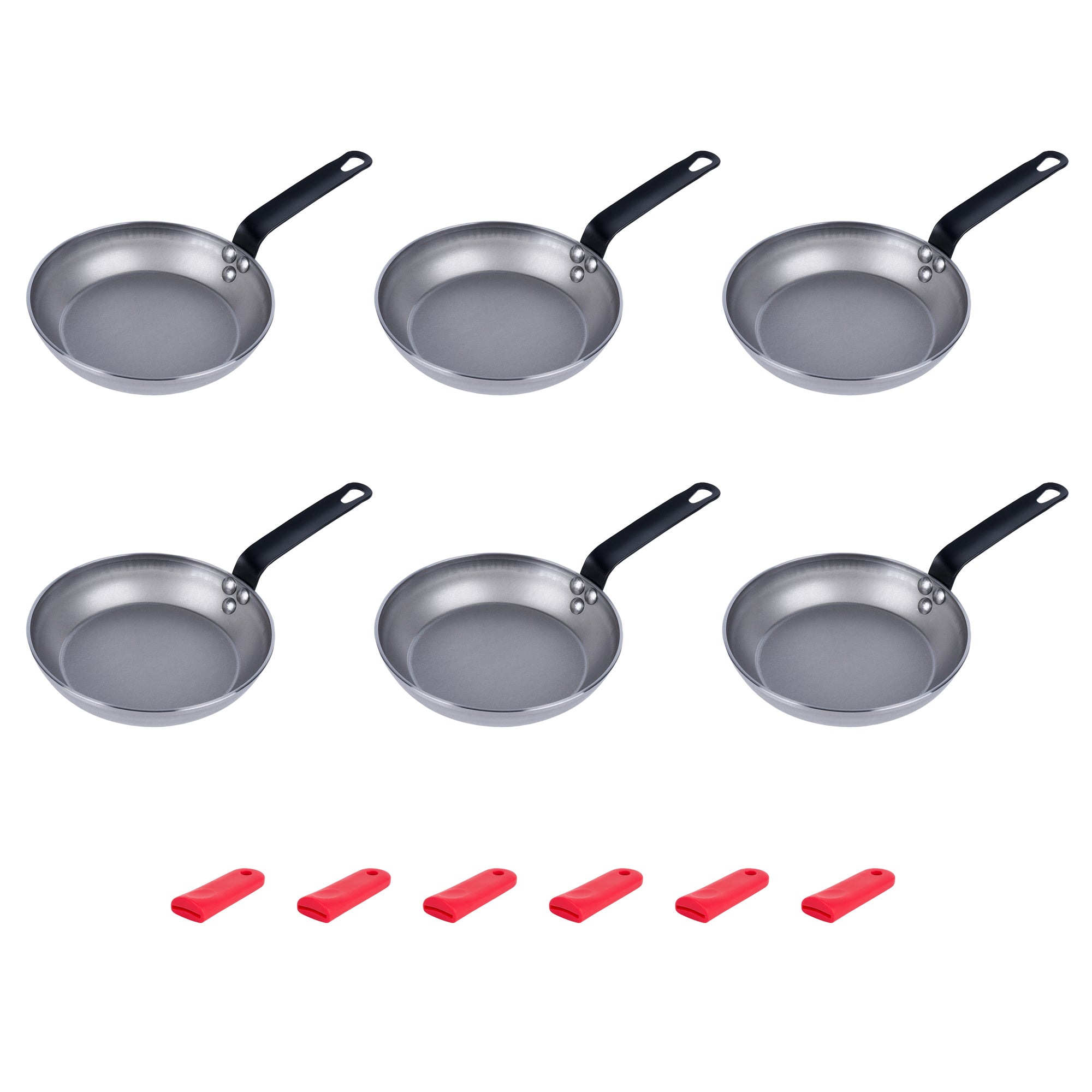 Met Lux 6 Carbon Steel 8" Non-Stick Fry Pans and 6 Red Silicone Pan Handle Sleeves