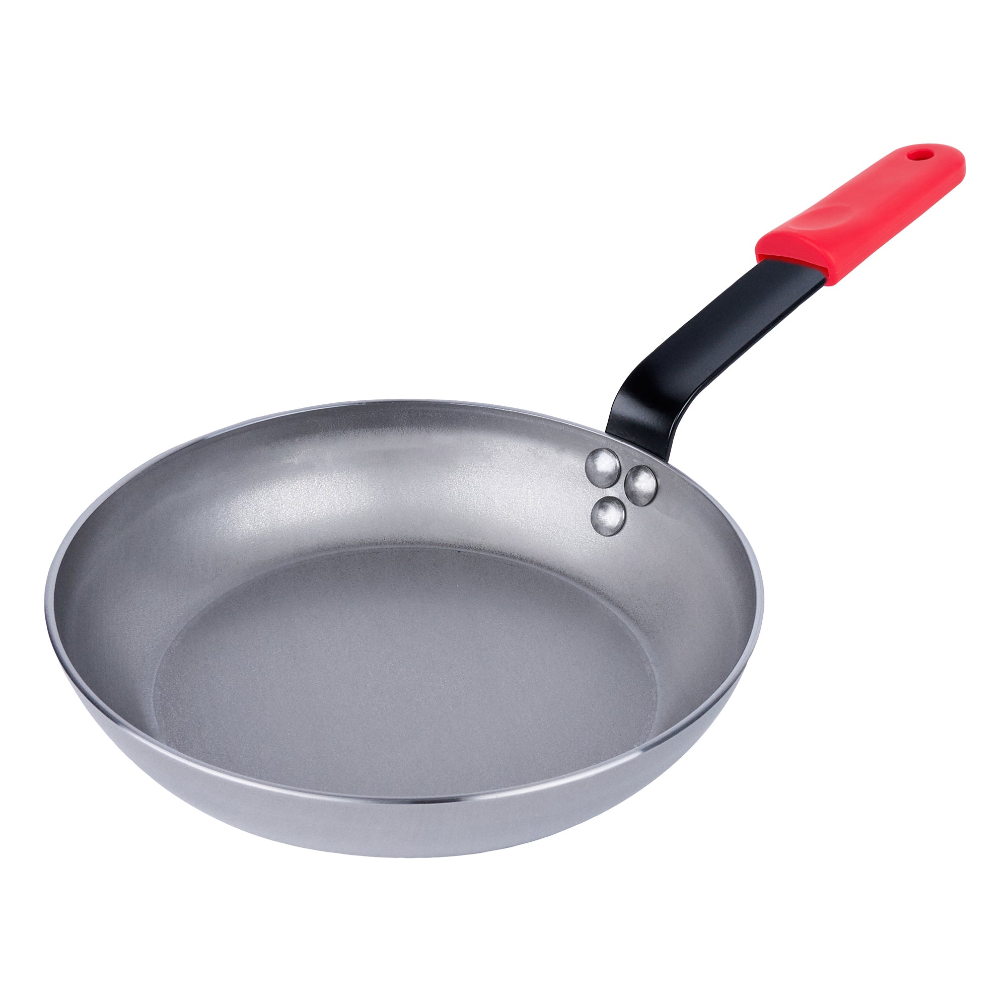 Met Lux 6 Carbon Steel 9 1/2" Non-Stick Fry Pans and 6 Red Silicone Pan Handle Sleeves