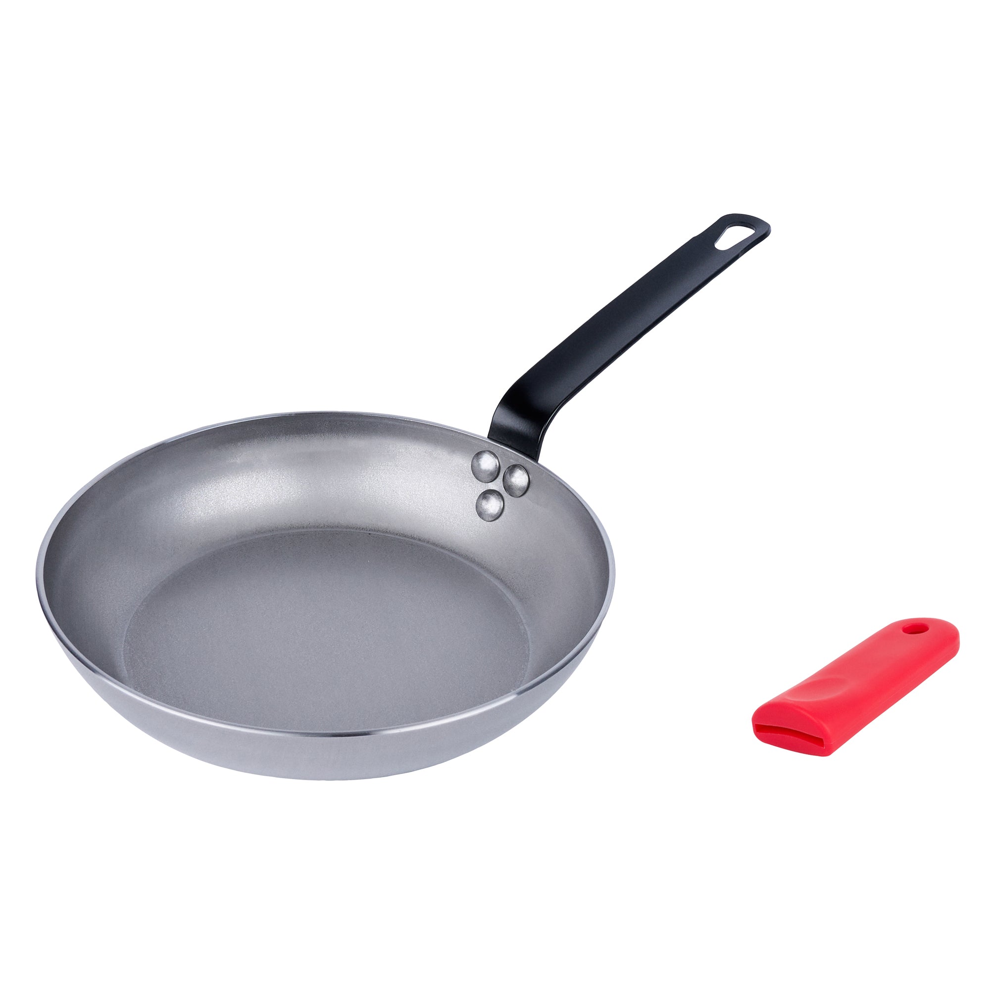 Met Lux 1 Carbon Steel 9 1/2" Non-Stick Fry Pan and 1 Red Silicone Pan Handle Sleeve