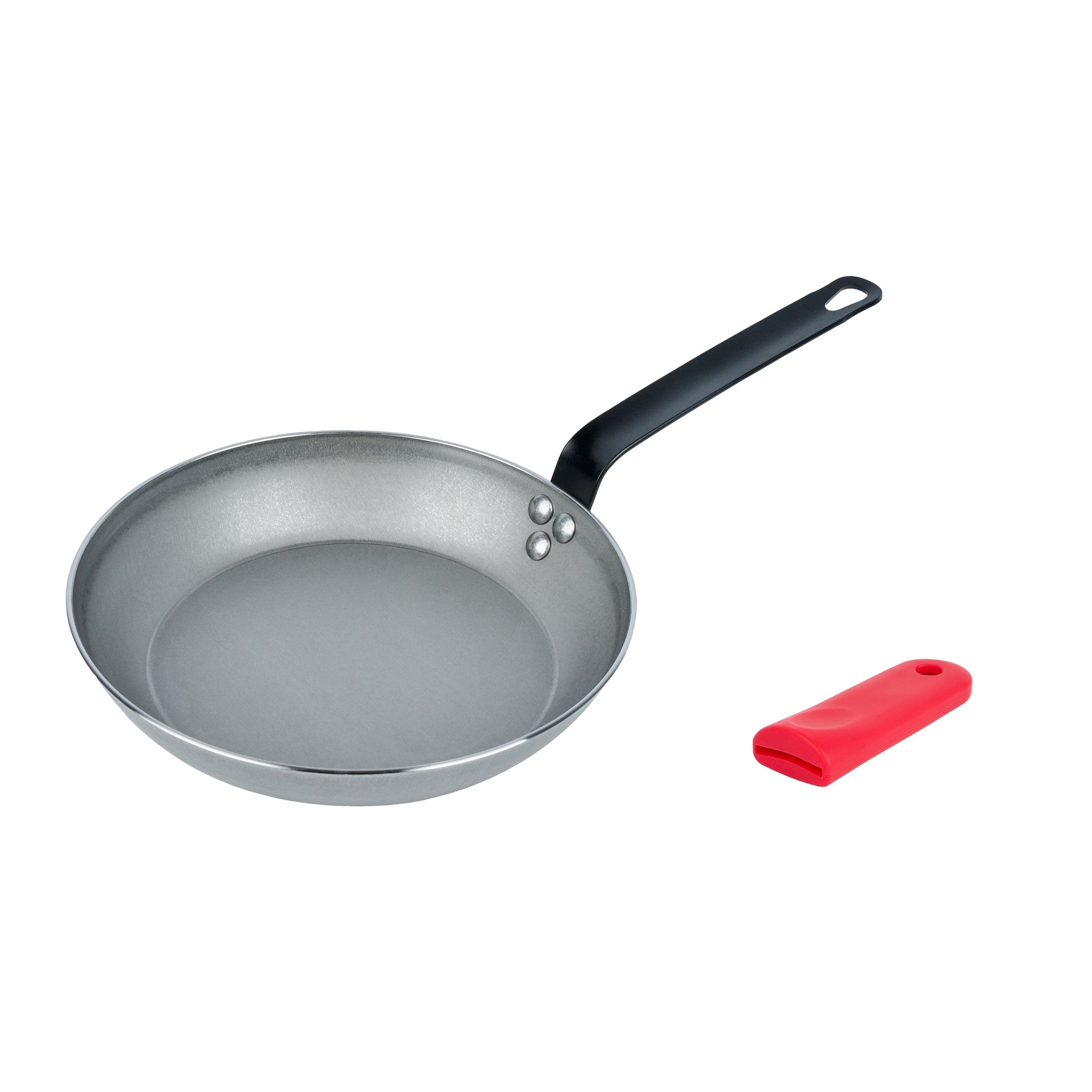 Met Lux 1 Carbon Steel 10" Non-Stick Fry Pan and 1 Red Silicone Pan Handle Sleeve