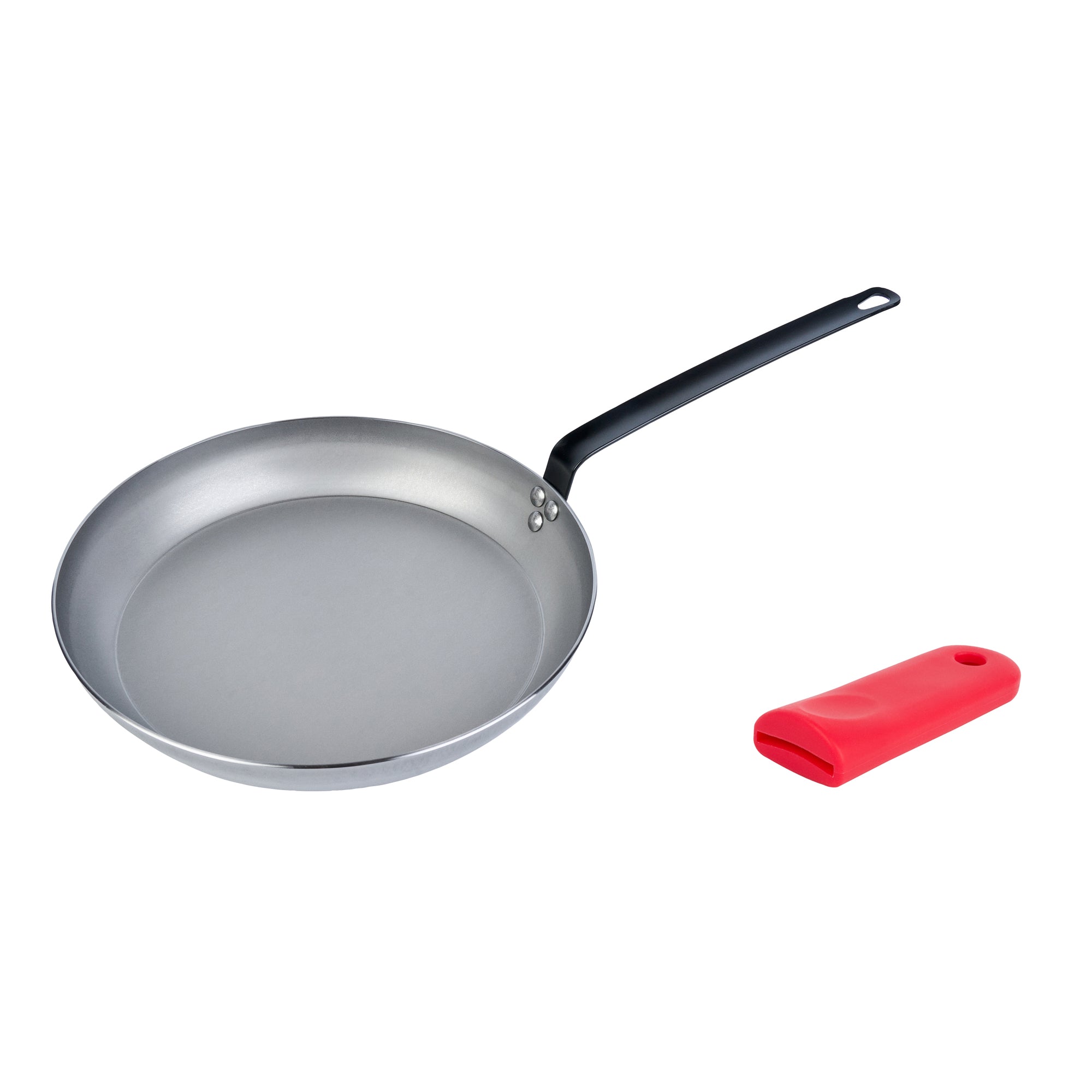 Met Lux 1 Carbon Steel 12" Non-Stick Fry Pan and 1 Red Silicone Pan Handle Sleeve