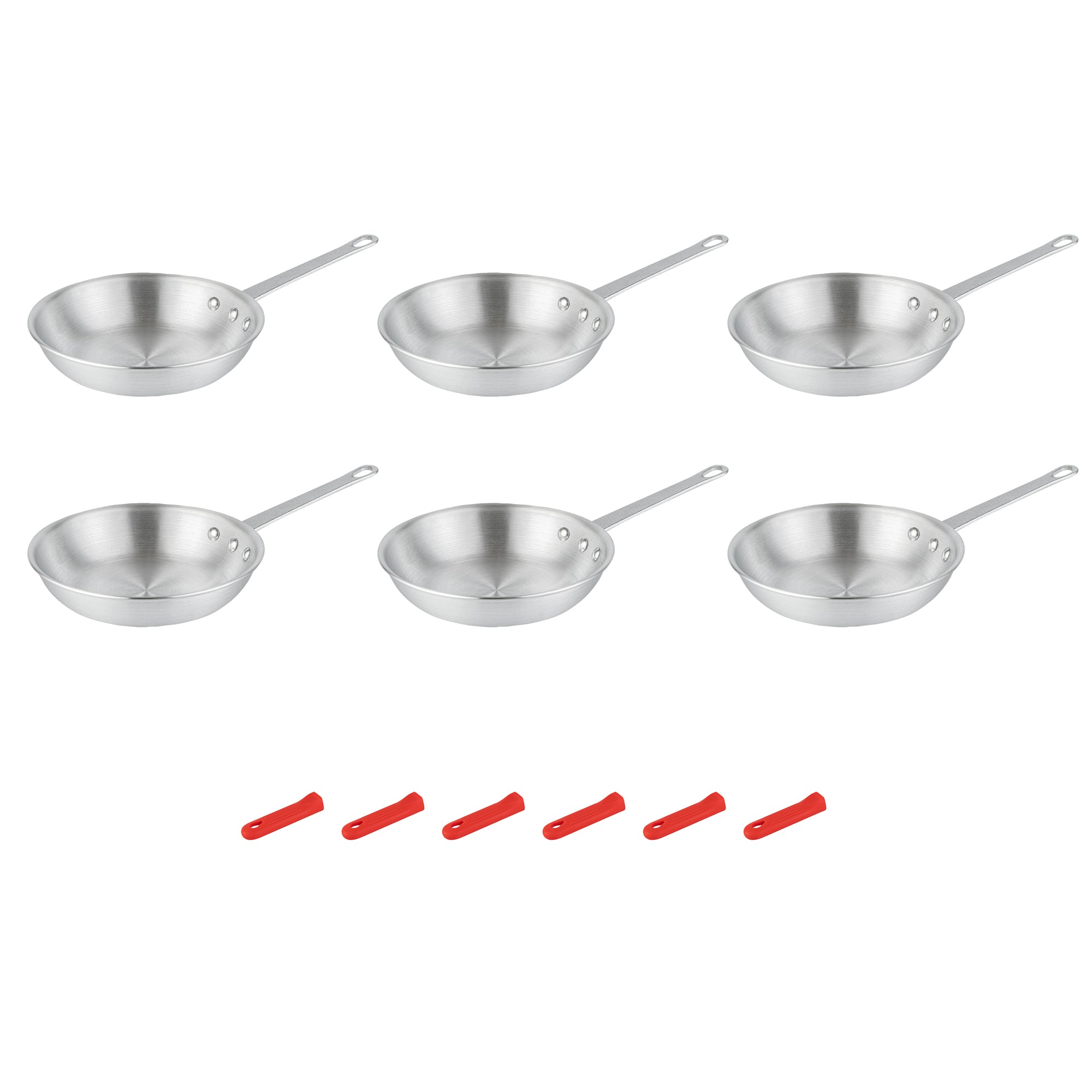 Met Lux 6 Aluminum 9" Fry Pans and 6 Red Silicone Pan Handle Sleeves