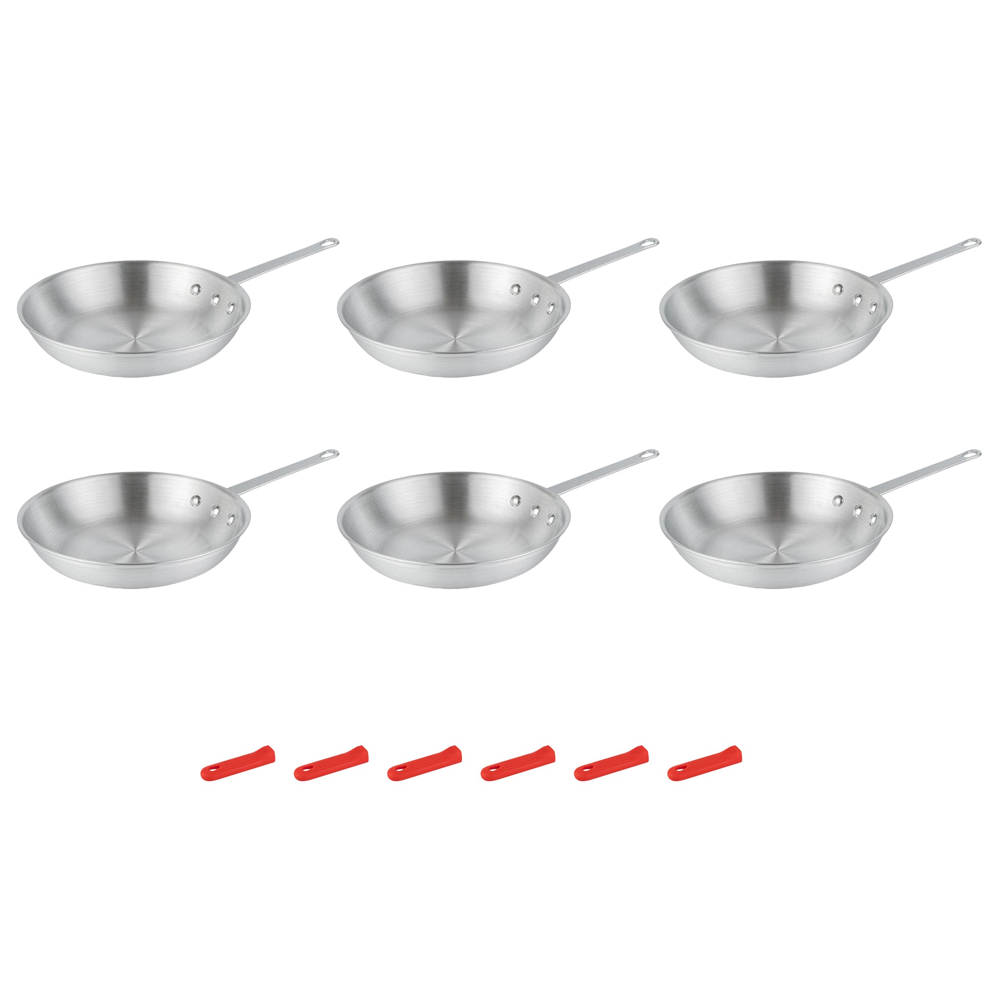 Met Lux 6 Aluminum 10" Fry Pans and 6 Red Silicone Pan Handle Sleeves