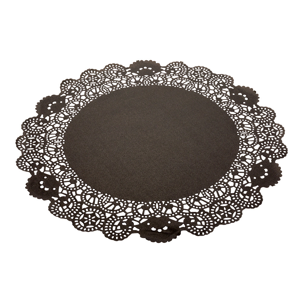 Pastry Tek Round Black Paper Doilies - Lace - 12" x 12" - 4000 count box