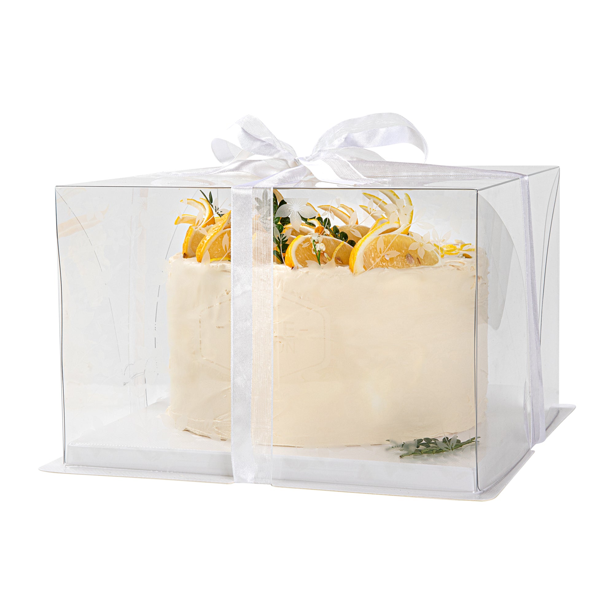 Sweet Vision Square Clear Plastic Cake Box - White Base, Gray Ribbon, Flower Garden Design - 10" x 10" x 6 3/4" - 10 count box