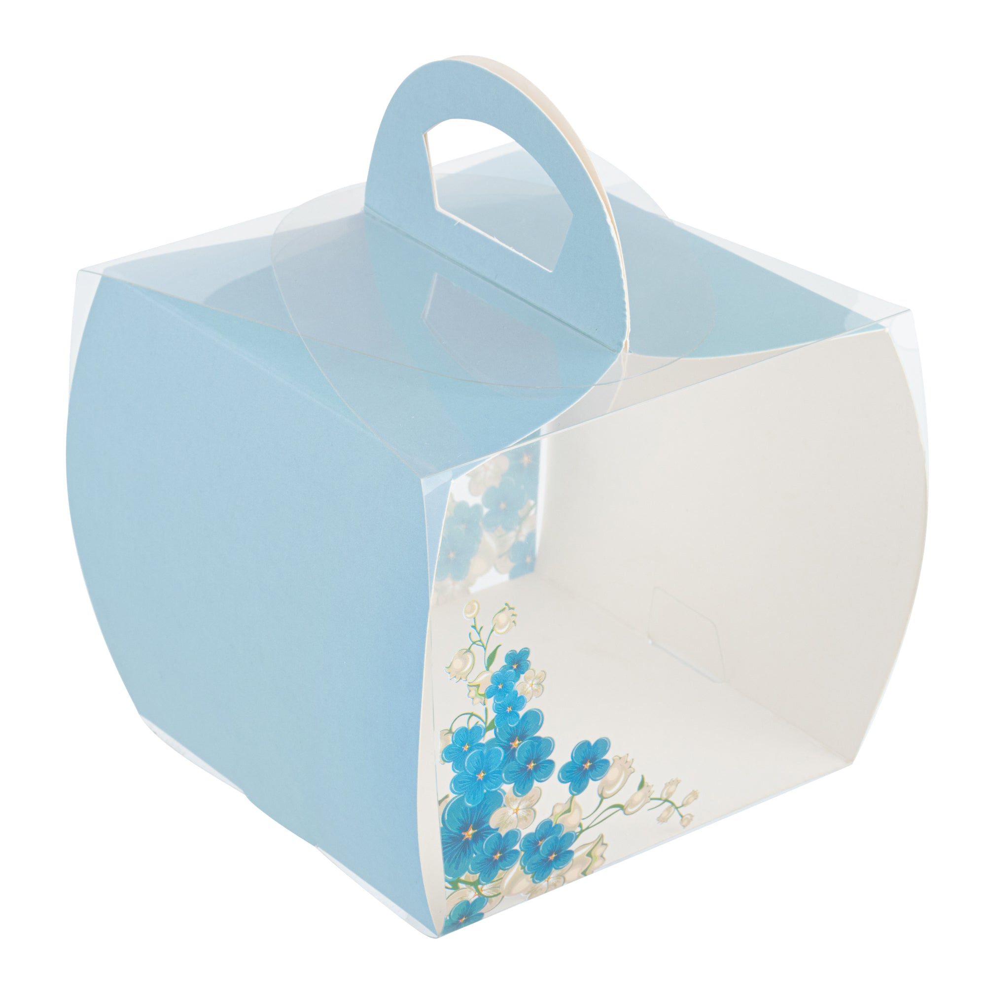 Sweet Vision Square Clear Plastic Cupcake Box - with Handle, Blue Paper Wrap, Flower Accent - 4" x 4" x 4 1/4" - 100 count box