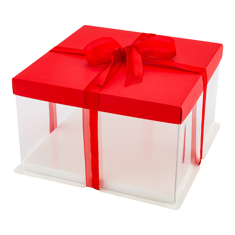 Sweet Vision Square Clear Plastic Cake Box - Red Lid and White Base, Red  Ribbon - 10'' x 10'' x 8 1/4'' - 10 count box