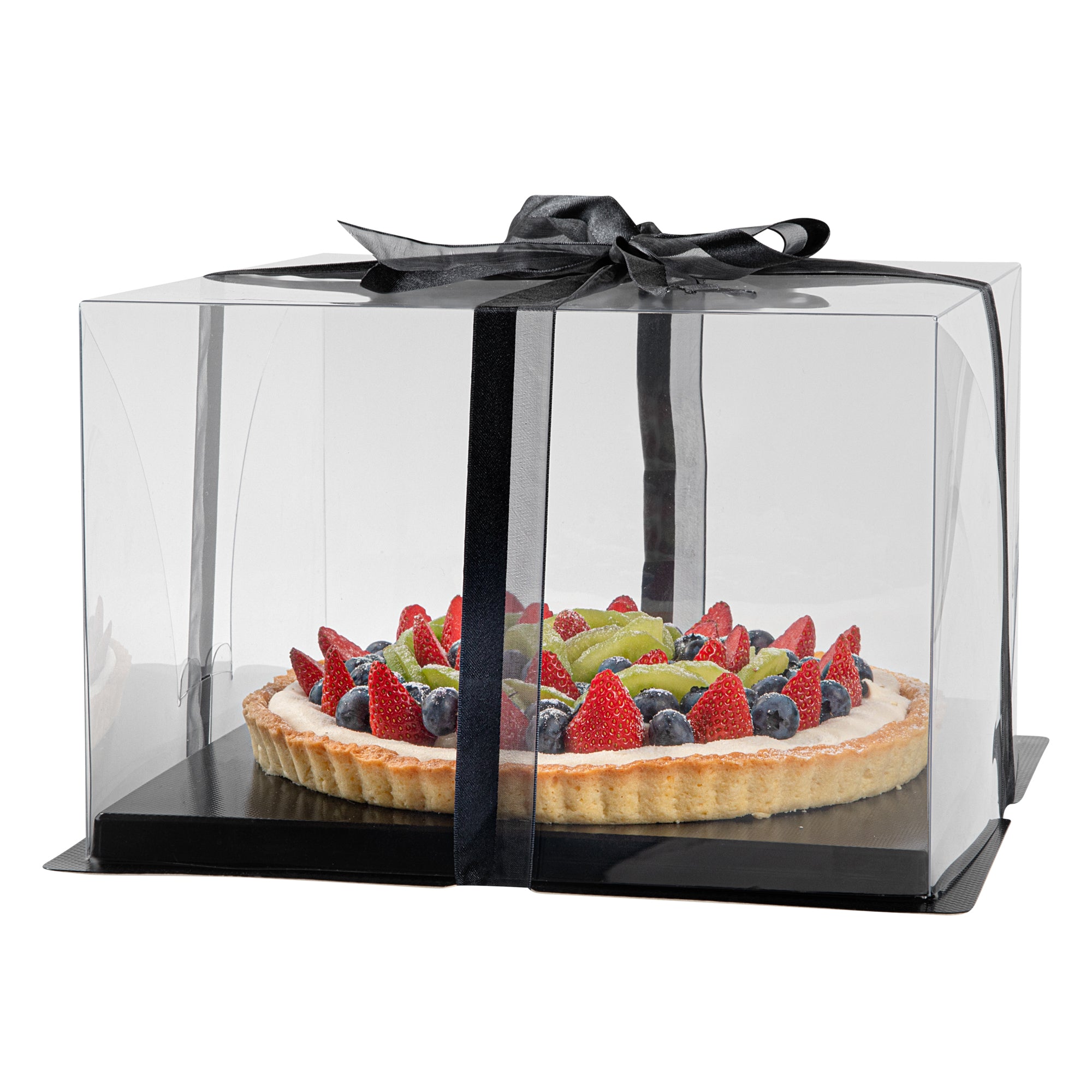 Sweet Vision Square Clear Plastic Cake Box - Black Base, Black Ribbon - 10" x 10" x 6 3/4" - 10 count box