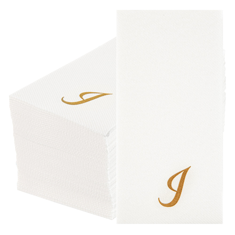 Luxenap Rectangle Gold Letter I White Paper Linen-Feel Guest Towel / Napkin - Air Laid, Cursive Font - 15 3/4" x 8" - 2000 count box