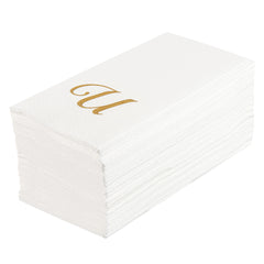 Luxenap Rectangle Gold Letter U White Paper Linen-Feel Guest Towel / Napkin - Air Laid, Cursive Font - 15 3/4