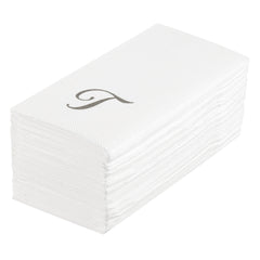 Luxenap Rectangle Silver Letter T White Paper Linen-Feel Guest Towel / Napkin - Air Laid, Cursive Font - 15 3/4