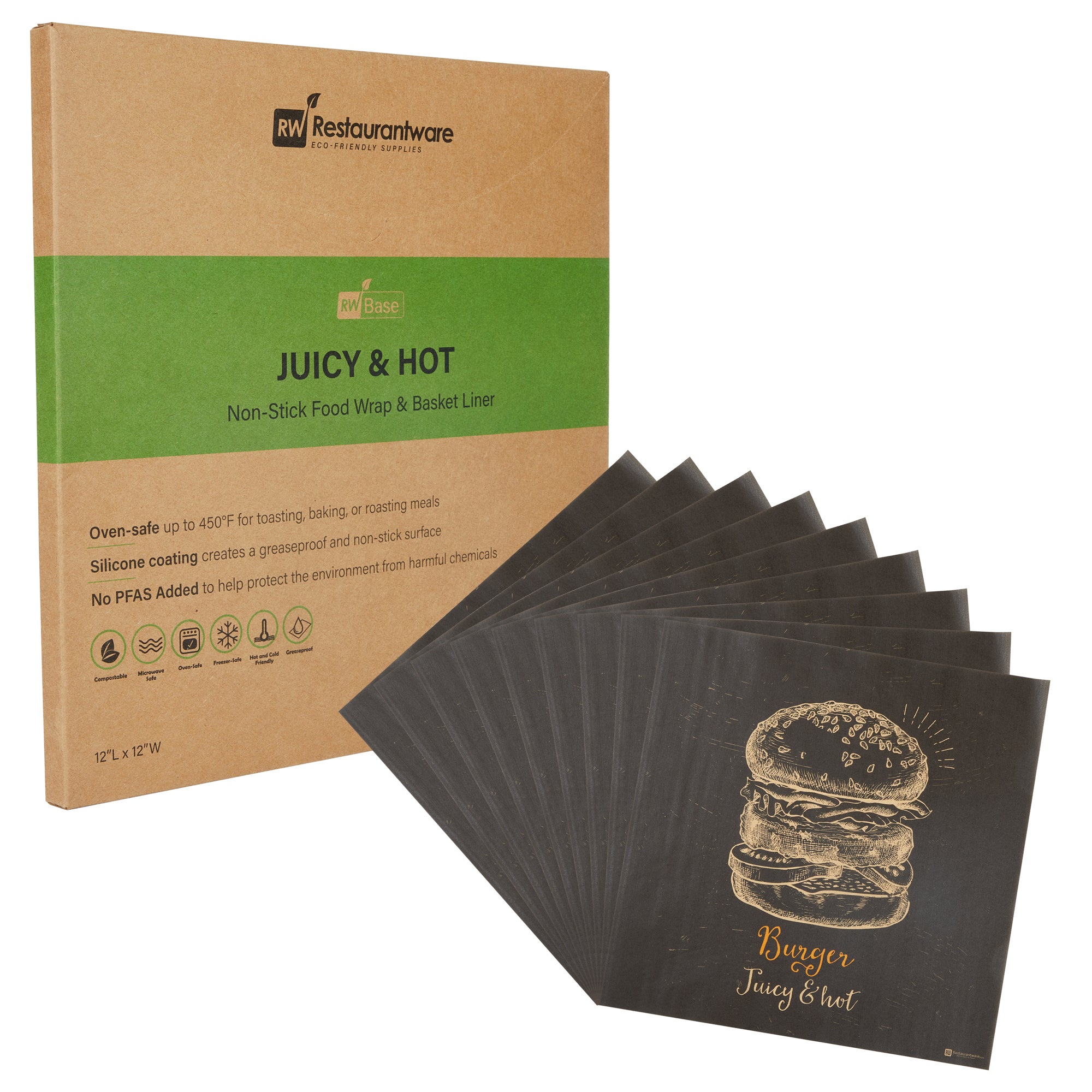 RW Base No PFAS Added Kraft Paper Burger Wrap and Fry Basket Liner - Juicy and Hot, Greaseproof - 12" x 12" - 2000 count box