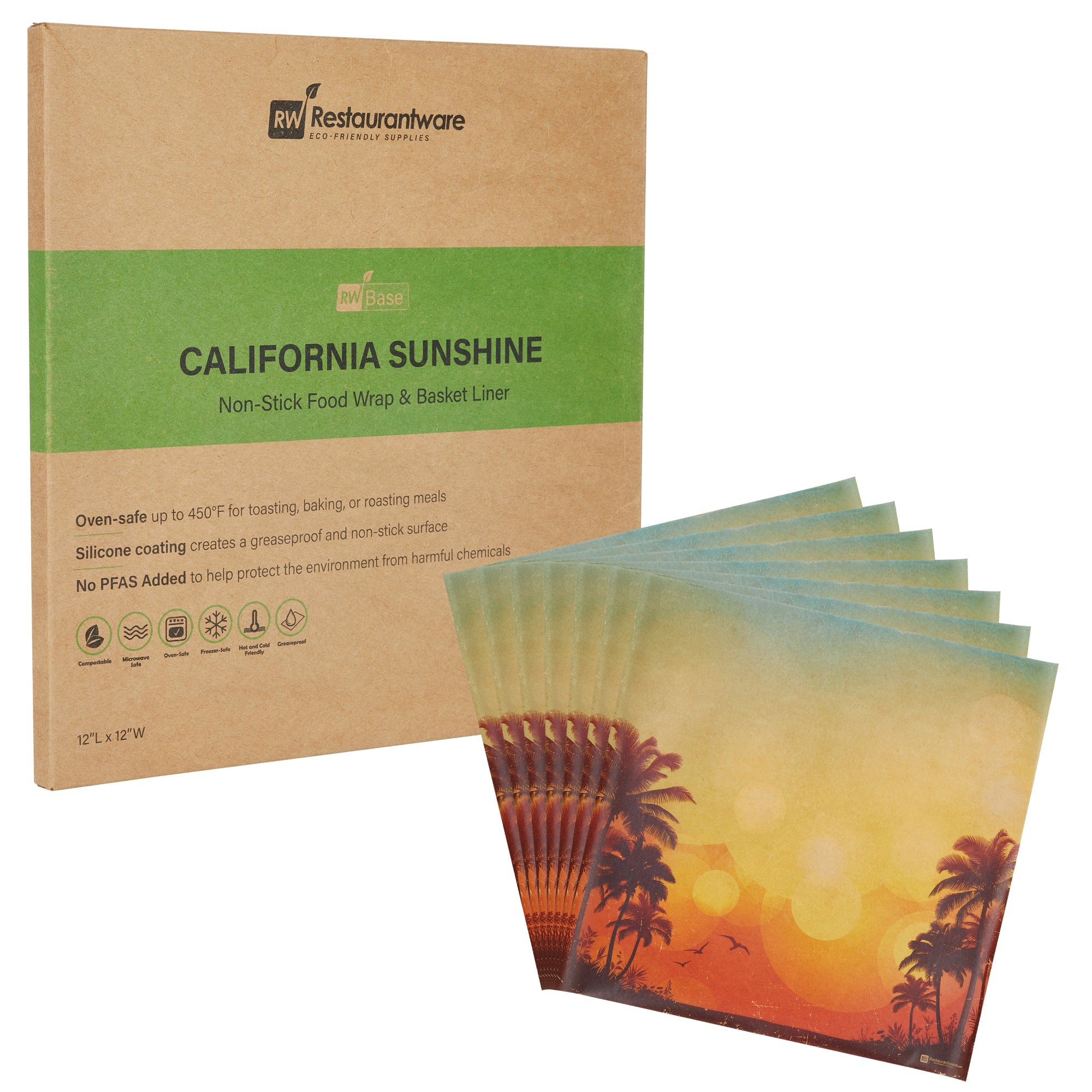 RW Base No PFAS Added Kraft Paper Food Wrap and Basket Liner - California Sunshine, Greaseproof - 12" x 12" - 2000 count box