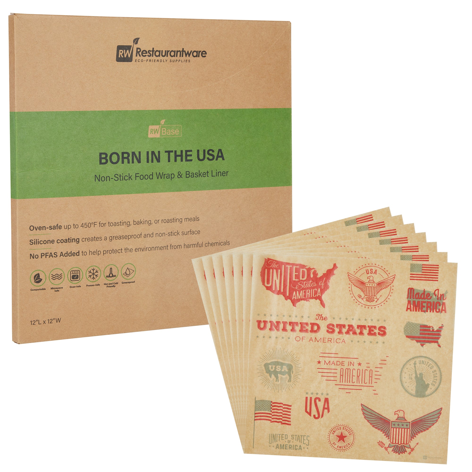 RW Base No PFAS Added Kraft Paper Food Wrap and Basket Liner - Born in the USA, Greaseproof - 12" x 12" - 2000 count box