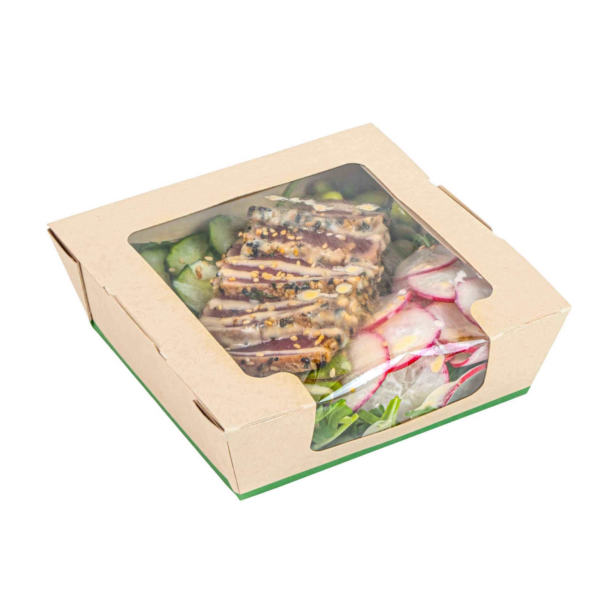 Sustain 26 oz Bamboo Paper Medium Bio Salad Box - with PLA Lining and Window, Compostable - 5 3/4" x 5 3/4" x 1 3/4" - 200 count box