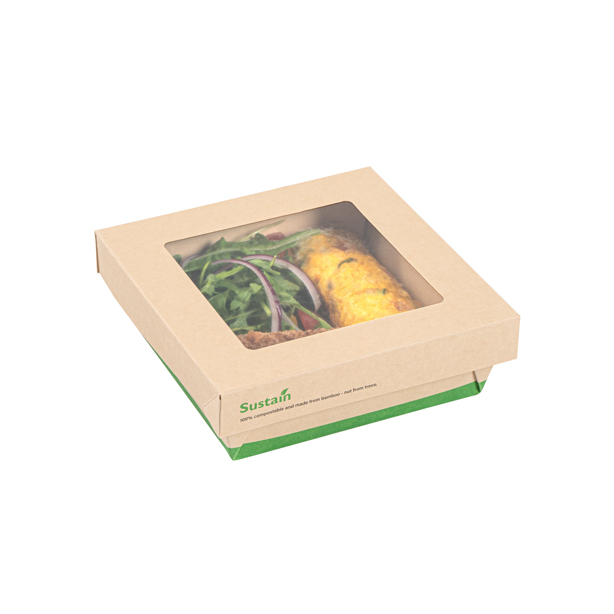 Sustain 34 oz Bamboo Paper Large Take Out Container - with PLA Lining and Window, Compostable - 6" x 6" x 2" - 200 count box