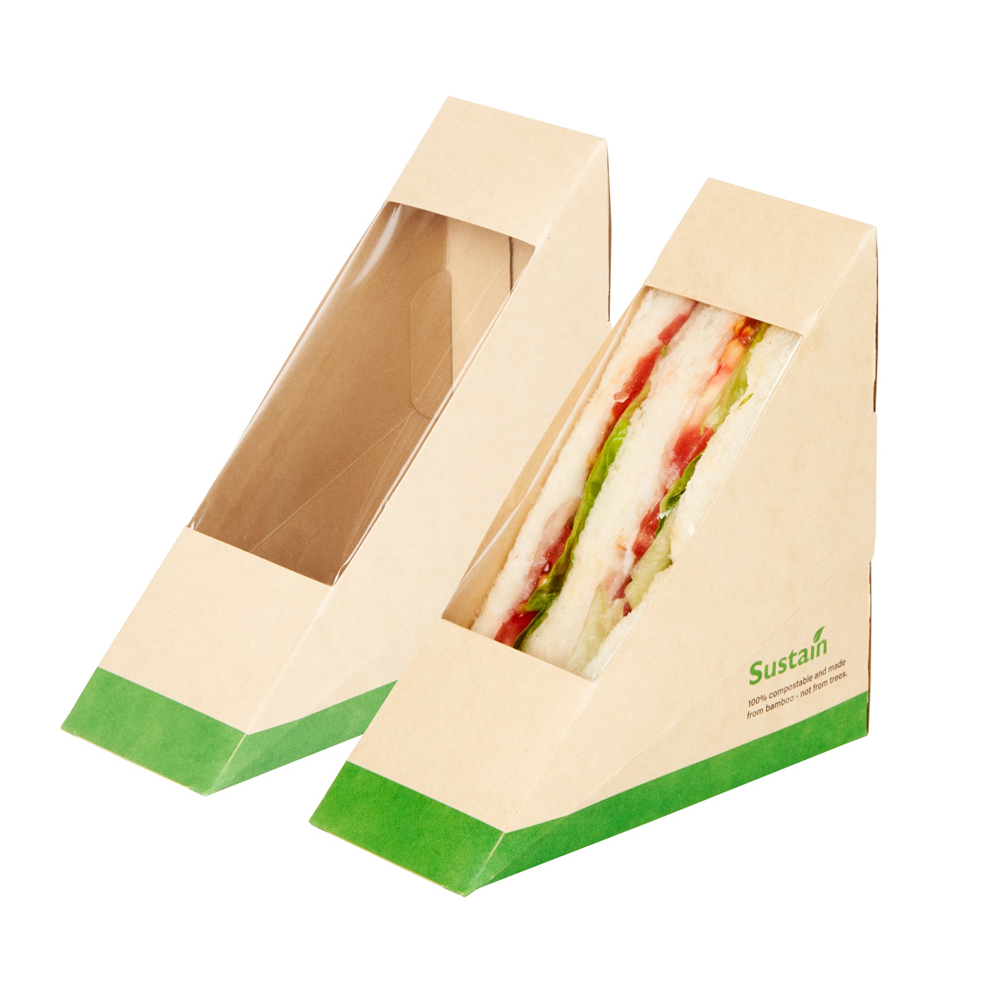 Sustain Bamboo Paper Small Sandwich Box - with PLA Lining and Window, Compostable - 4 3/4" x 4 3/4" x 2" - 200 count box