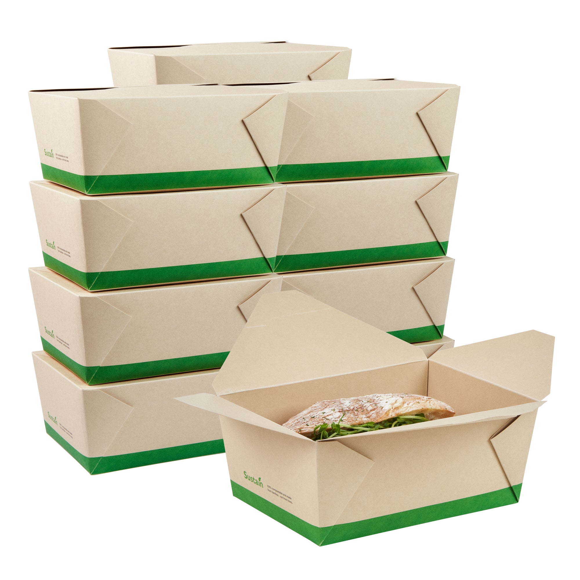 Sustain 98 oz Rectangle Bamboo Paper #4 Bio Box Take Out Container - with PLA Lining, Compostable - 8 1/2" x 6 1/4" x 3 1/2" - 200 count box