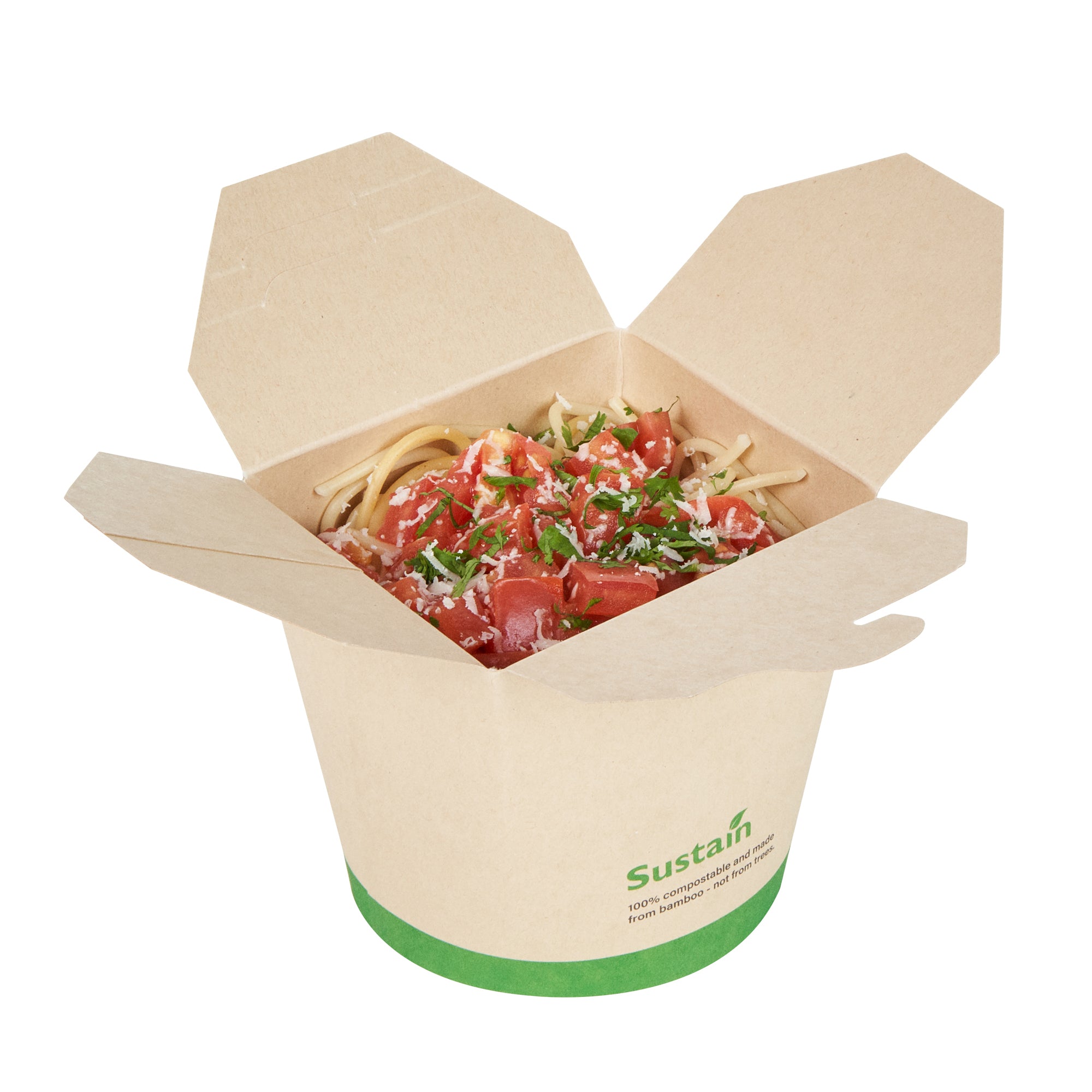 Sustain 26 oz Round Bamboo Paper Noodle Take Out Container - with PLA Lining, Compostable - 4" x 3 1/2" x 3 3/4" - 200 count box