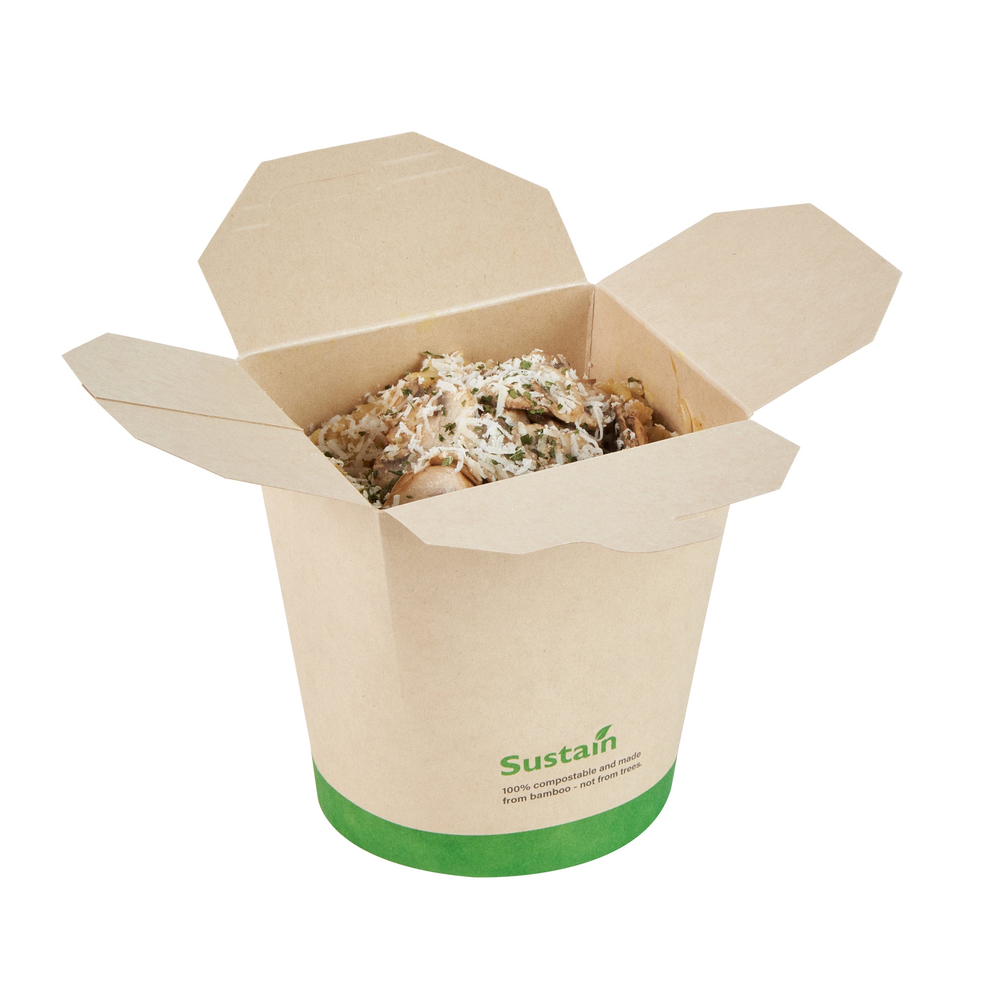 Sustain 32 oz Round Bamboo Paper Noodle Take Out Container - with PLA Lining, Compostable - 4" x 3 1/2" x 4 1/2" - 200 count box