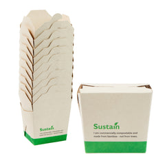 Sustain 8 oz Square Bamboo Paper Noodle Take Out Container - with PLA Lining, Compostable - 2 3/4