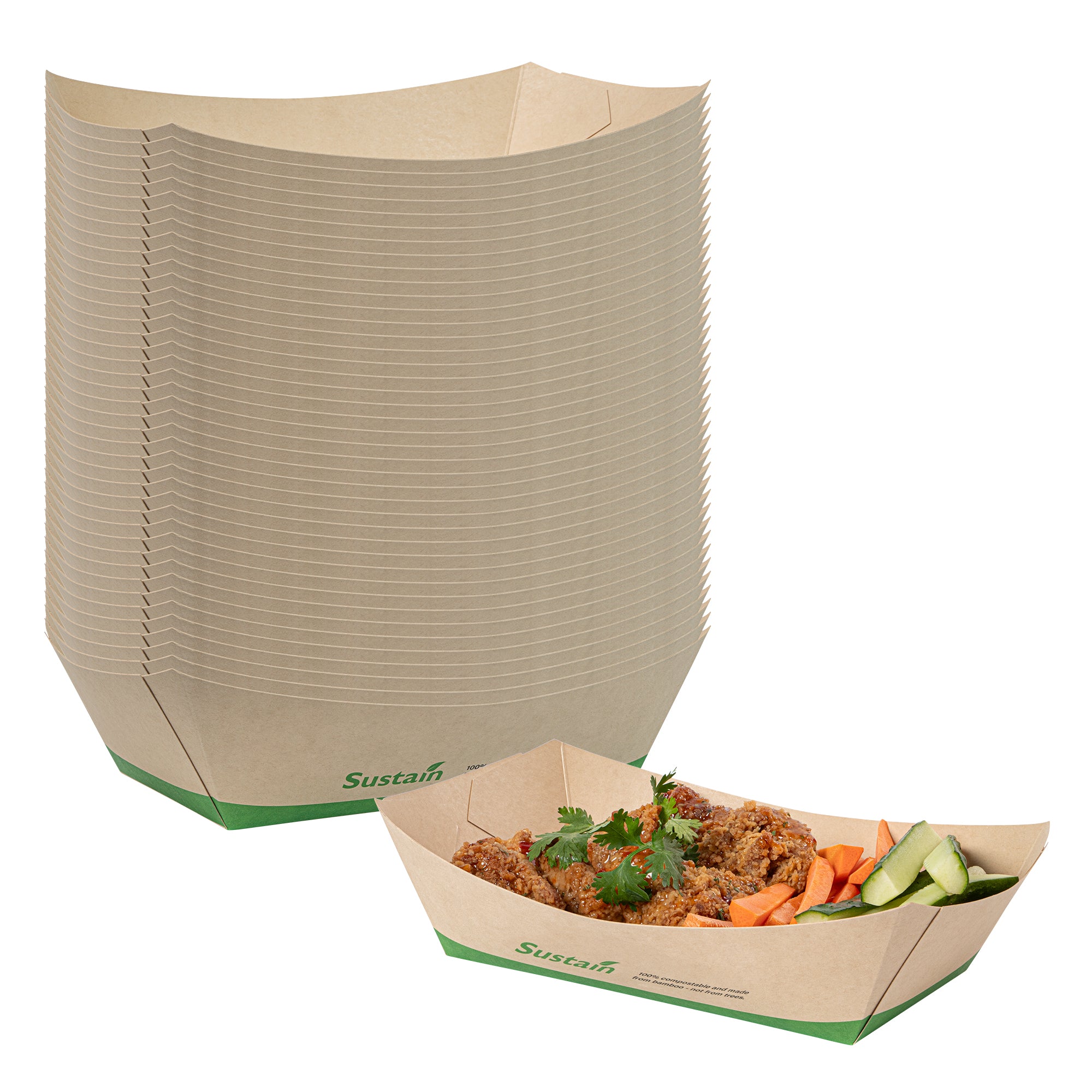 Sustain 2 lb Bamboo Paper #200 Boat - with PLA Lining, Compostable - 6 1/2" x 3 3/4" x 2 1/4" - 200 count box