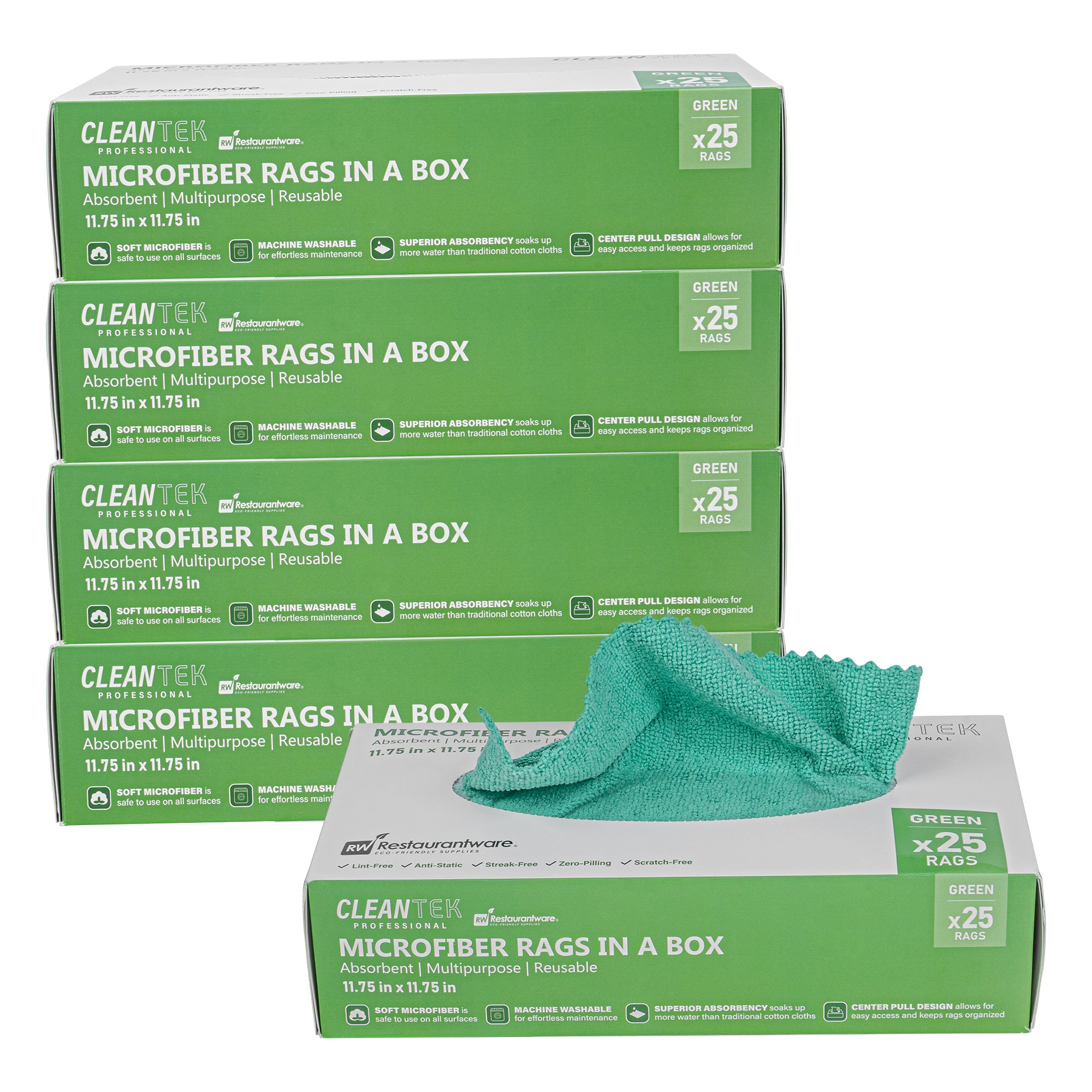 Clean Tek Professional Green Microfiber Rags In A Box - 11 3/4" x 11 3/4" - 250 count box