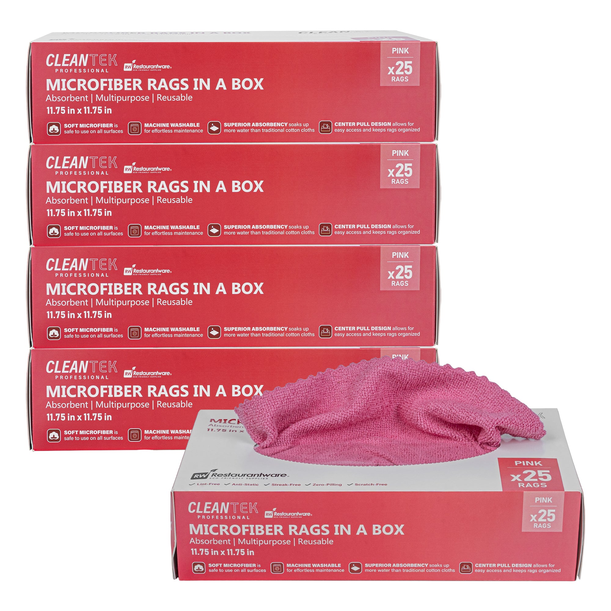 Clean Tek Professional Pink Microfiber Rags In A Box - 11 3/4" x 11 3/4" - 250 count box