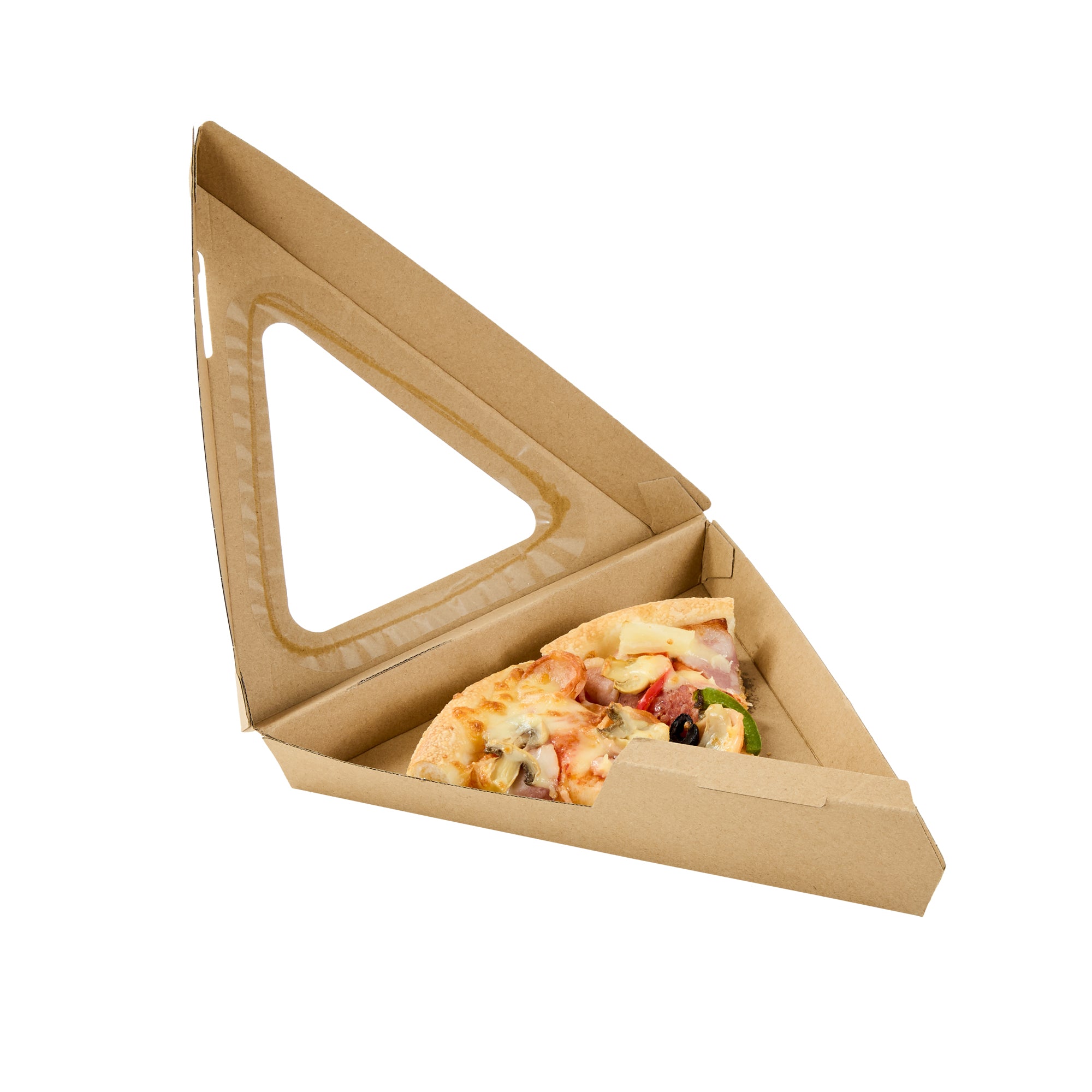 Eco Tek Kraft Paper Corrugated Pizza Slice Box - Clamshell, with PLA Window - 9 1/4" x 9 1/4" x 2" - 100 count box