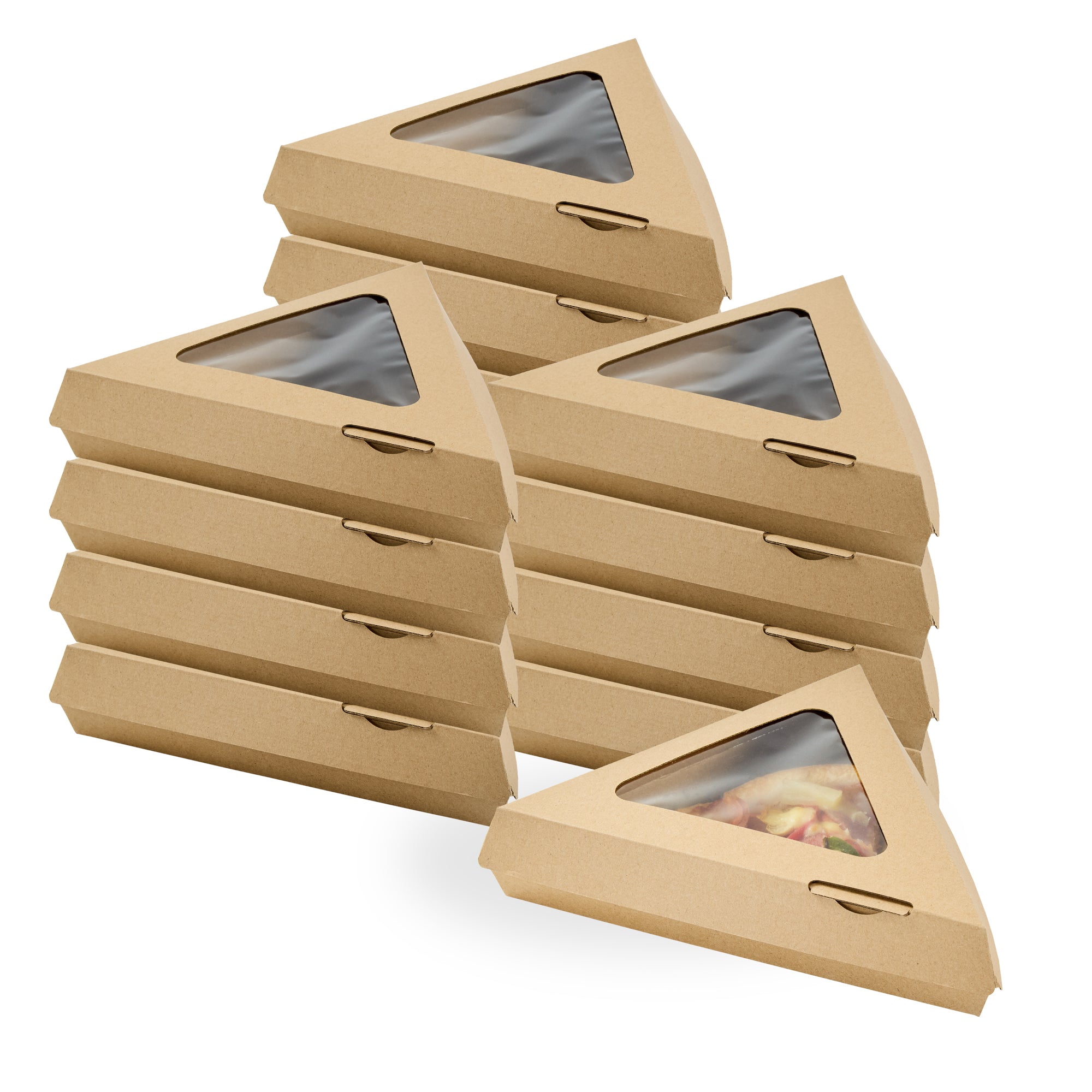 Eco Tek Kraft Paper Corrugated Pizza Slice Box - Clamshell, with PLA Window - 9 1/4" x 9 1/4" x 2" - 100 count box