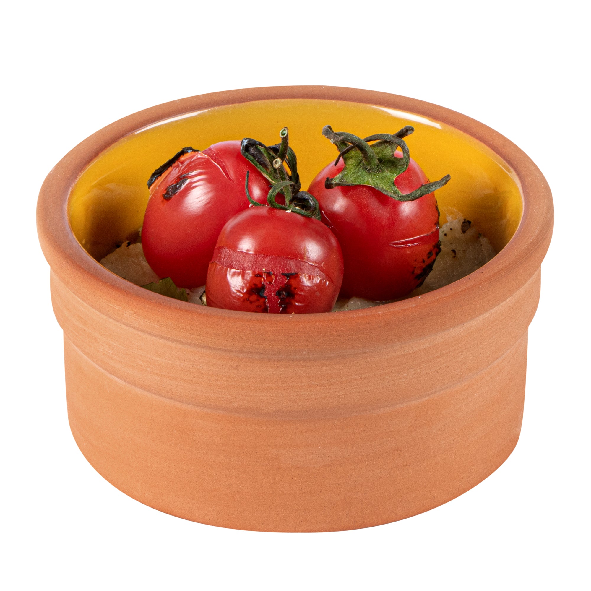 Terra Tek 5 oz Terracotta Cazuela Bowl - Yellow Glazed Interior, Oven-Safe, Microwave-Safe - 3 3/4" x 3 3/4" x 1 3/4" - 10 count box