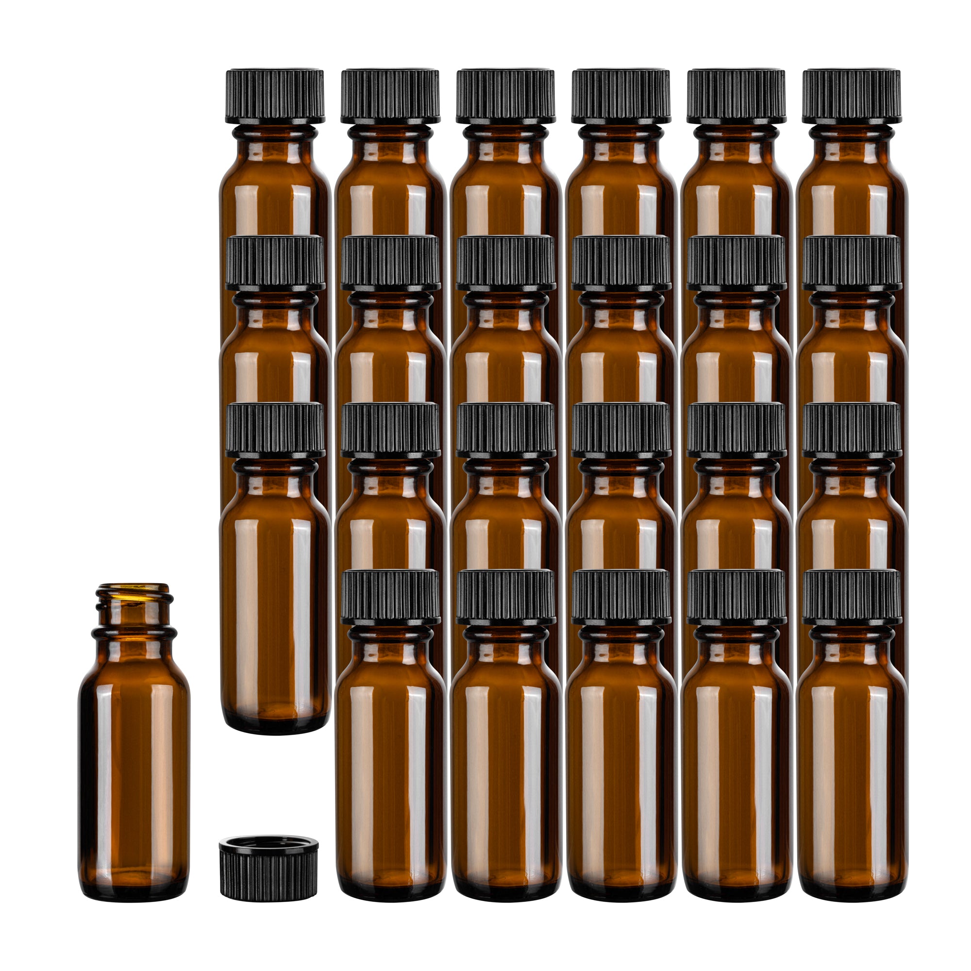 Vetri 0.5 oz Boston Round Amber Glass Bottle - with Black Phenolic Cap - 1" x 1" x 2 3/4" - 48 count box