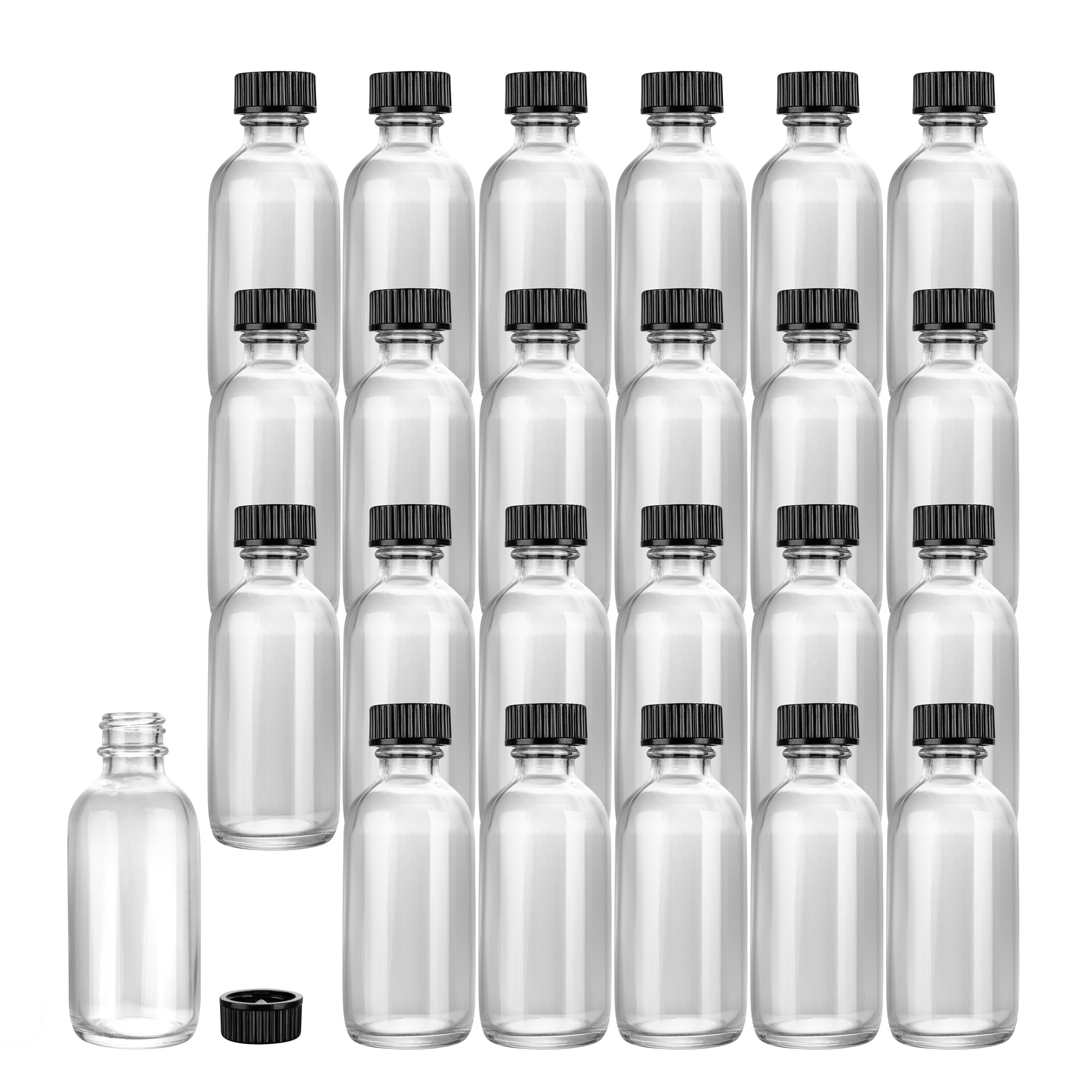 Vetri 2 oz Boston Round Clear Glass Bottle - with Black Phenolic Cap - 1 1/2" x 1 1/2" x 3 3/4" - 48 count box