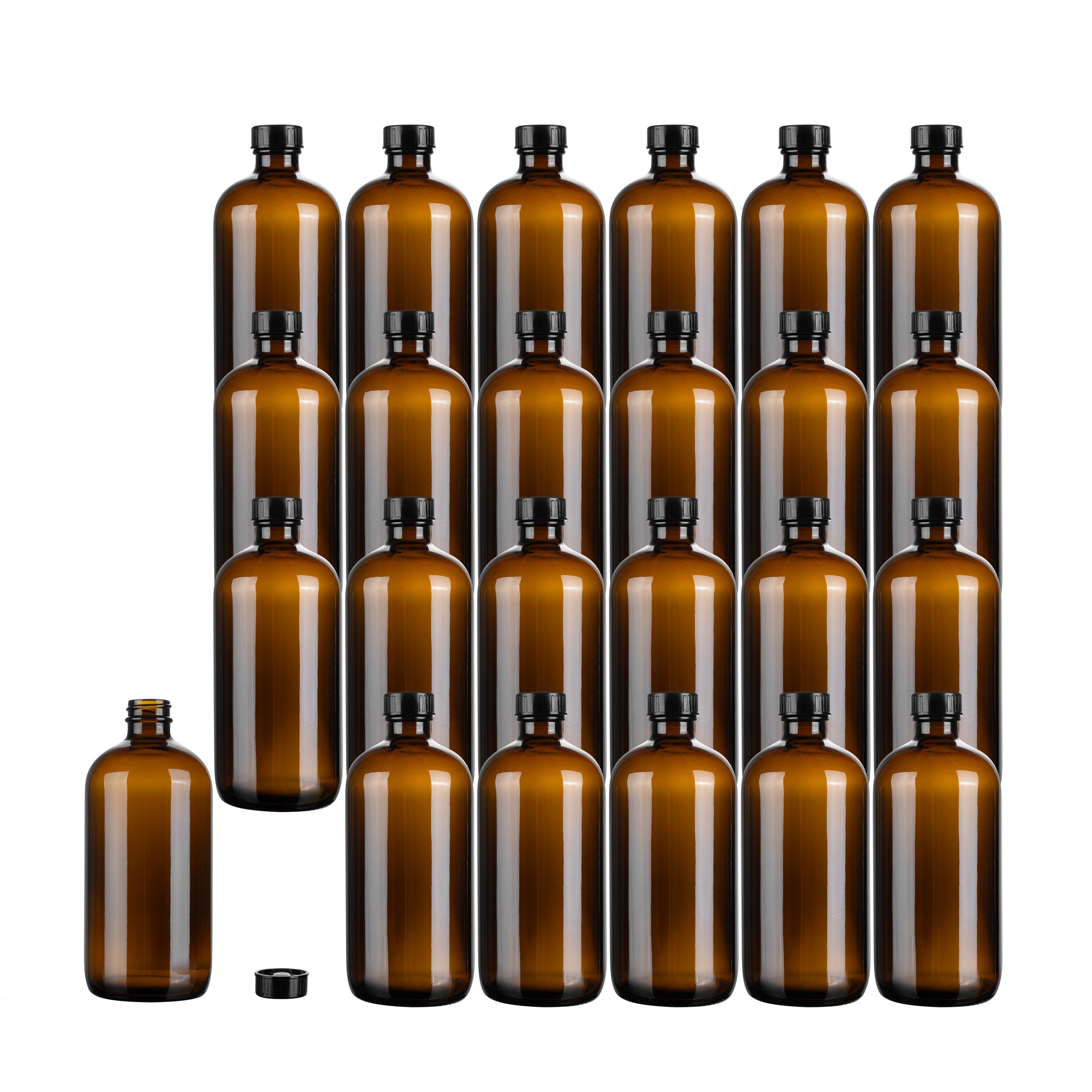 Vetri 16 oz Boston Round Amber Glass Bottle - with Black Phenolic Cap - 3" x 3" x 6 3/4" - 12 count box