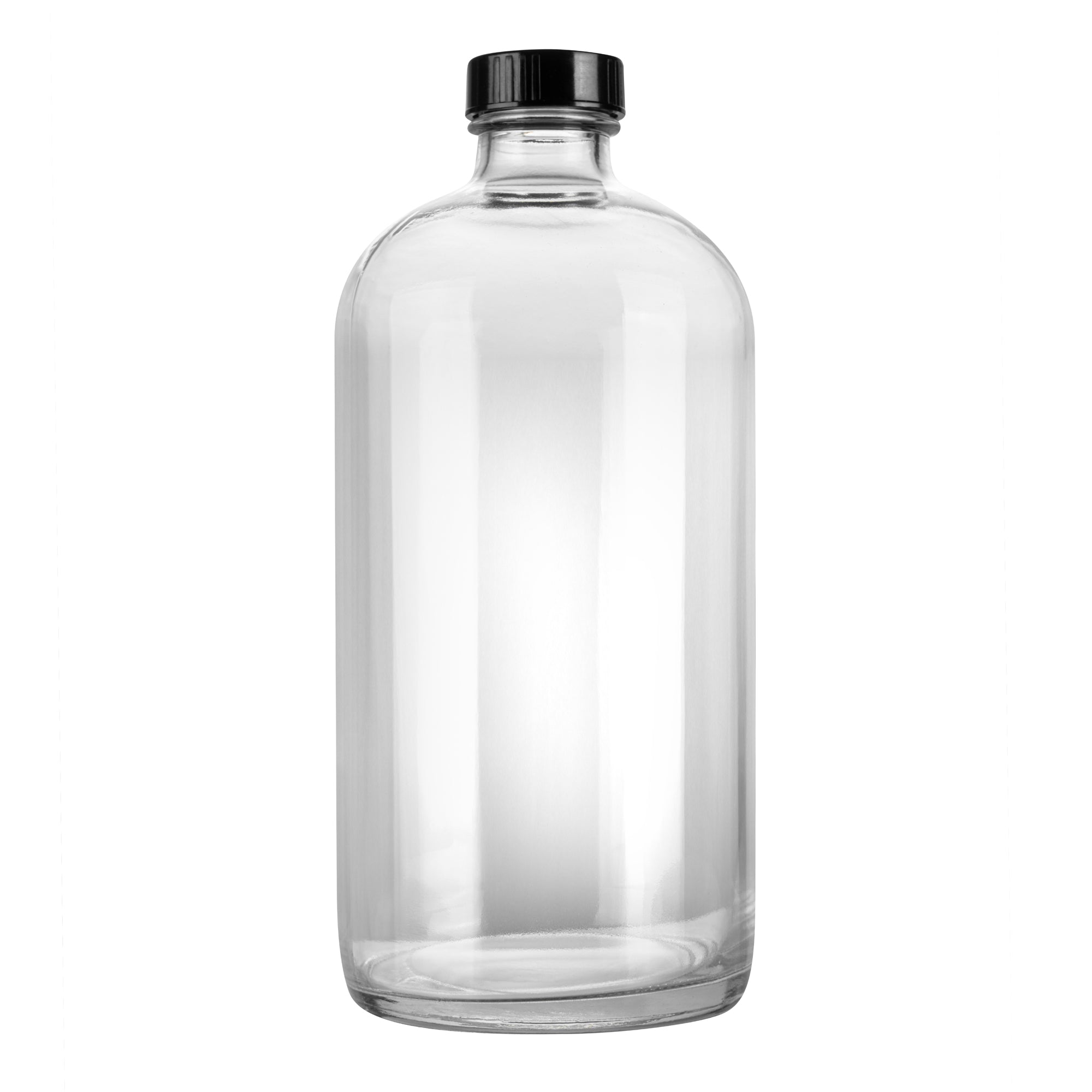 Vetri 32 oz Boston Round Clear Glass Bottle - with Black Phenolic Cap - 3 3/4" x 3 3/4" x 8" - 12 count box