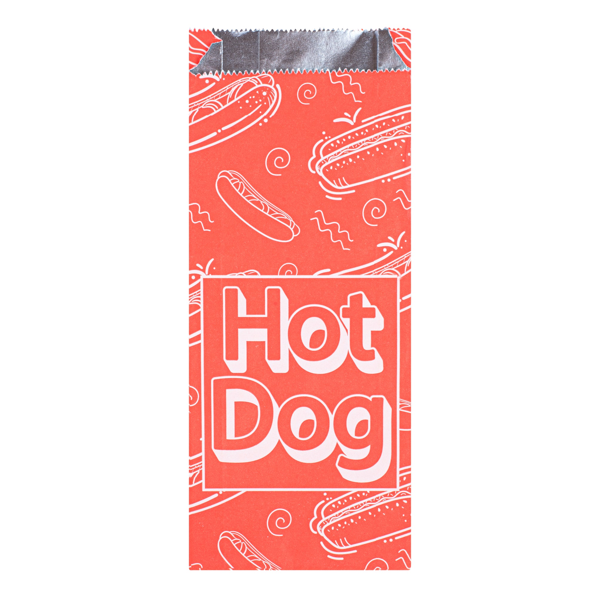 Bag Tek Red Paper Printed Small Hot Dog Foil Bag - 3 3/4" x 1 1/4" x 9" - 100 count box