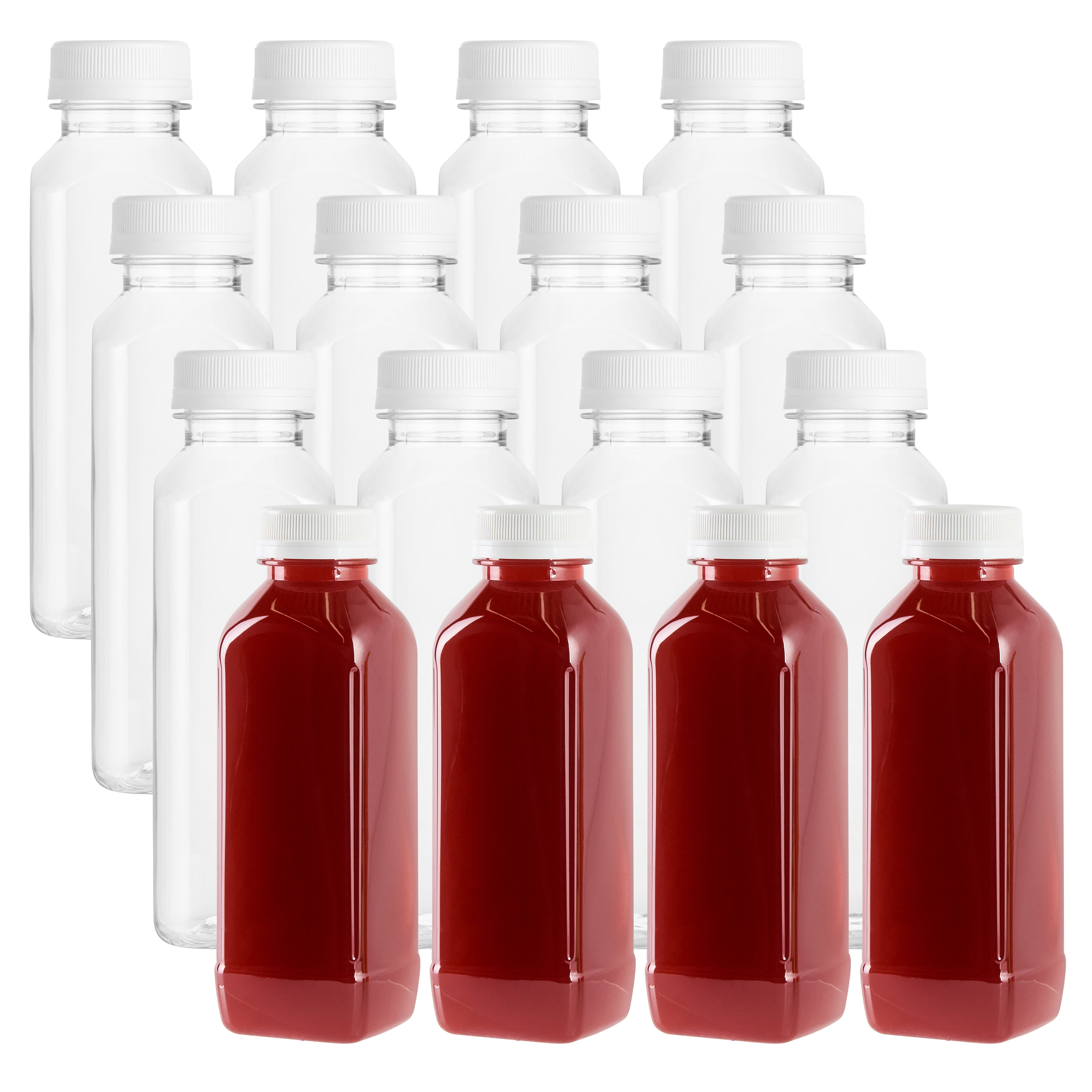 16 oz Square Clear Plastic Cold Pressed Juice Bottle - with Safety Cap - 2 1/4" x 2 1/4" x 7" - 100 count box